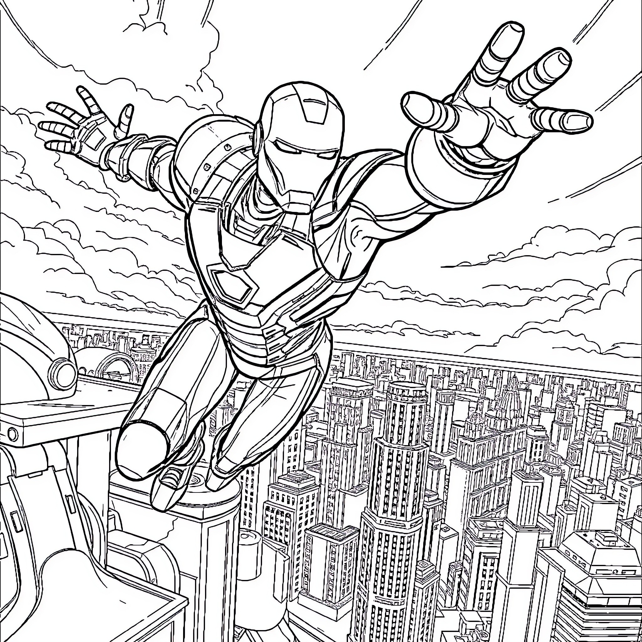 Iron Man soaring through the skies above the city Coloring Page (free black-and-white line drawing printable PDF for all, from beginners to advanced learners, including children, teens, adults, and seniors)
