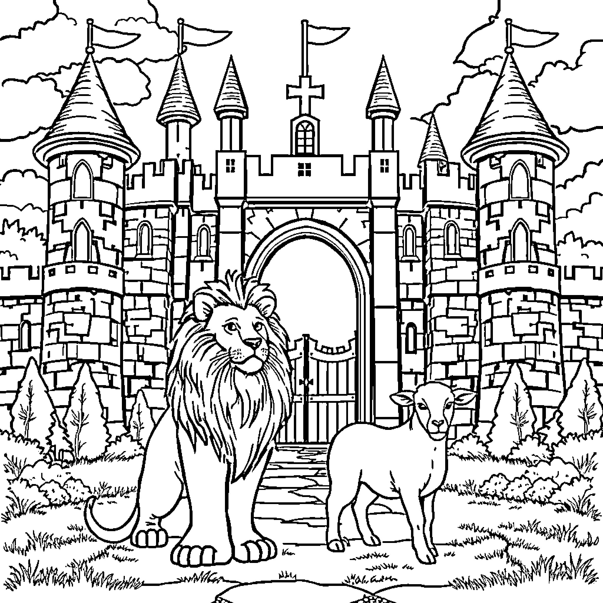 Lion and Lamb at the Castle Gates Coloring Page (free black-and-white line drawing printable PDF for all, from beginners to advanced learners, including children, teens, adults, and seniors)
