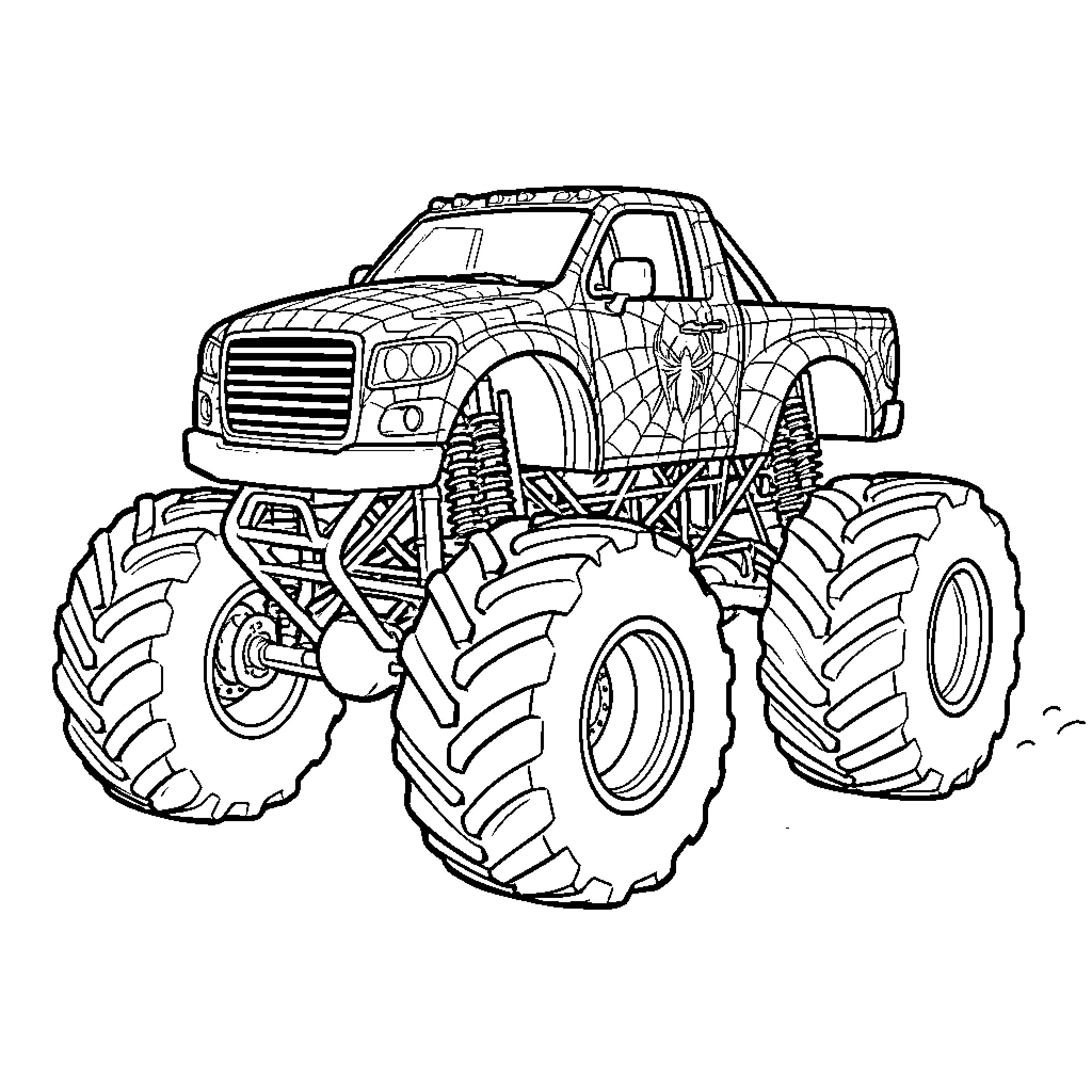 Spiderman themed monster truck with large rugged tires Coloring Page (free black-and-white line drawing printable PDF for all, from beginners to advanced learners, including children, teens, adults, and seniors)