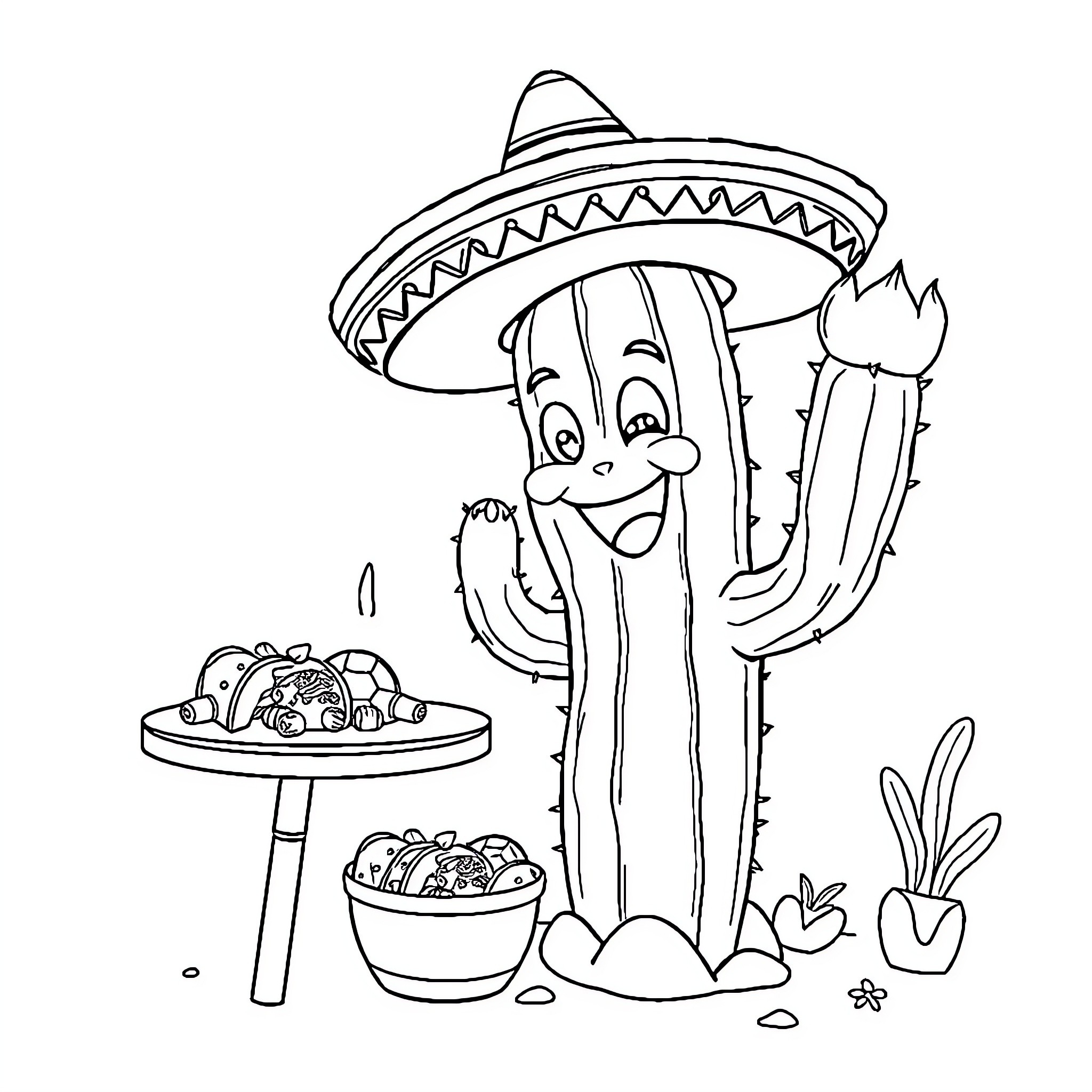Cactus enjoying Mexican fiesta with tacos Coloring Page (free black-and-white line drawing printable PDF for all, from beginners to advanced learners, including children, teens, adults, and seniors)