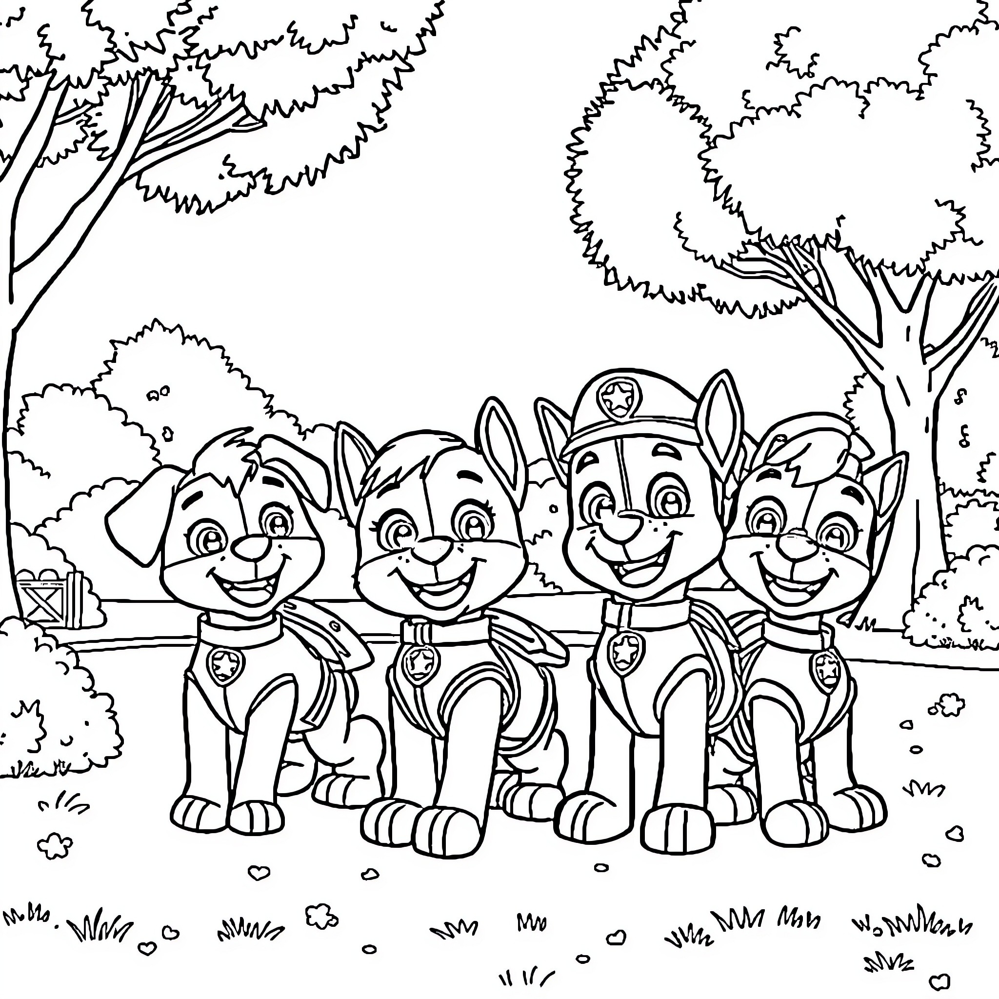 Paw Patrol puppies enjoying adventure in the woods Coloring Page (free black-and-white line drawing printable PDF for all, from beginners to advanced learners, including children, teens, adults, and seniors)