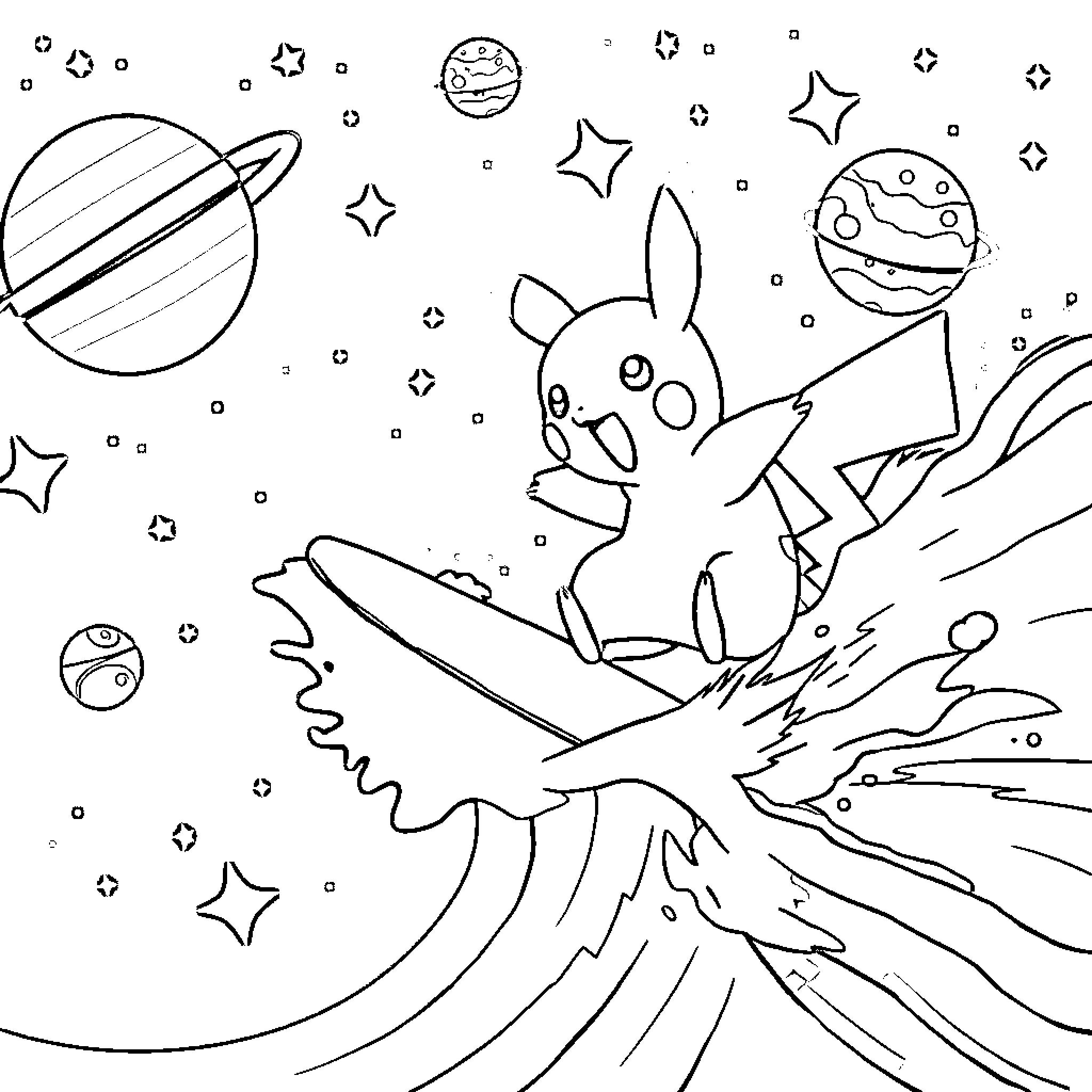 Pikachu exploring the cosmic universe Coloring Page (free black-and-white line drawing printable PDF for all, from beginners to advanced learners, including children, teens, adults, and seniors)