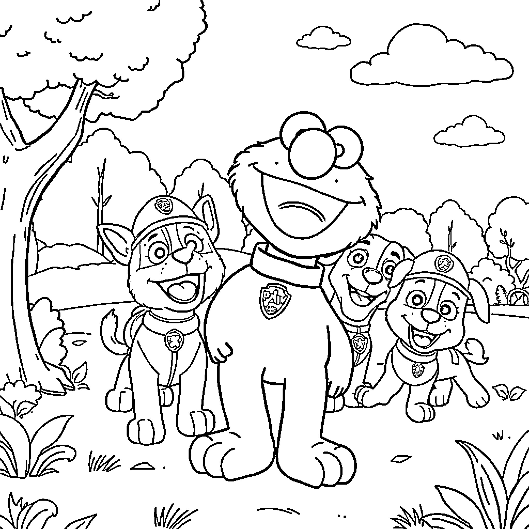 Elmo and Paw Patrol Pups Explore the Outdoors Coloring Page (free black-and-white line drawing printable PDF for all, from beginners to advanced learners, including children, teens, adults, and seniors)