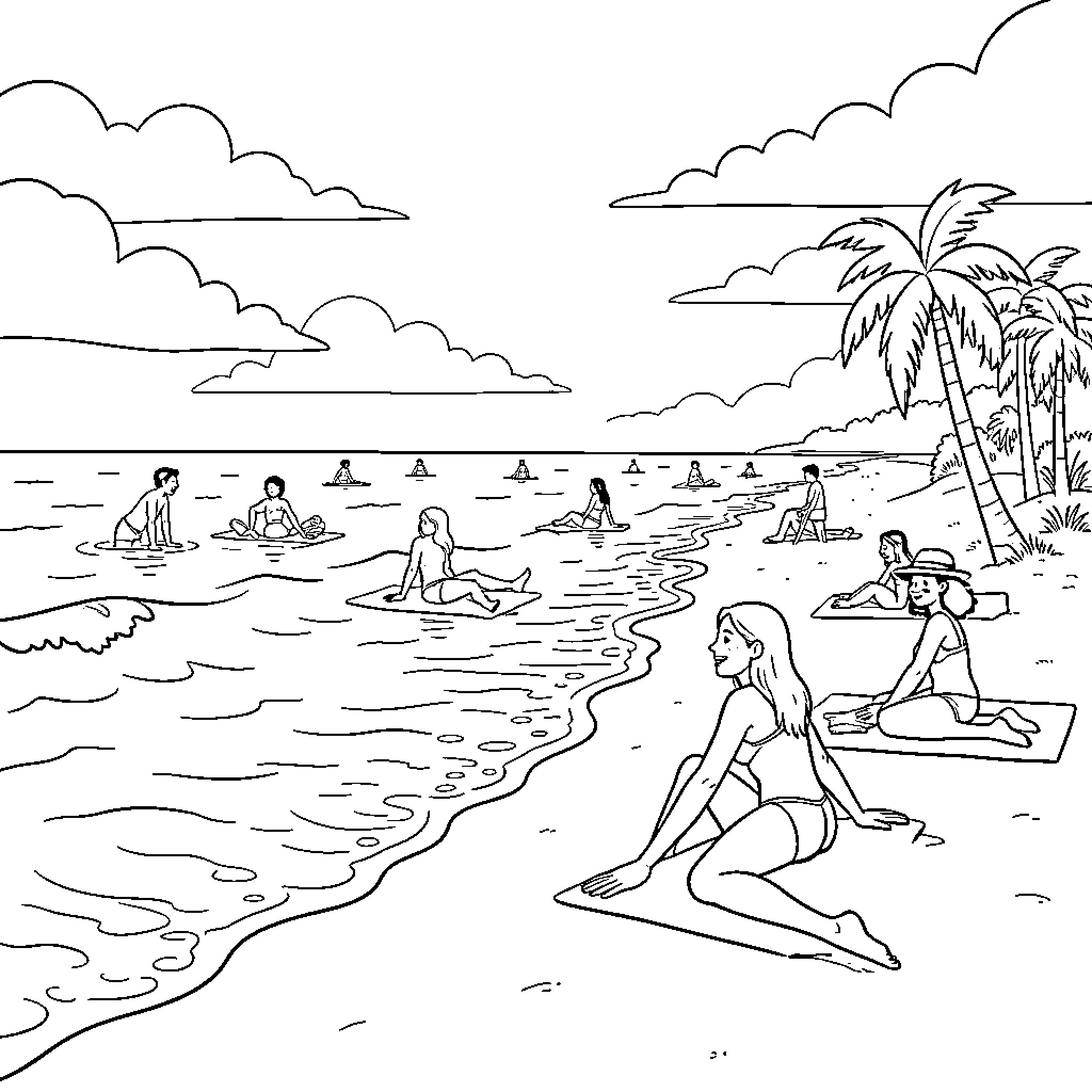 Beach scene with people relaxing on the sand and water Coloring Page (free black-and-white line drawing printable PDF for all, from beginners to advanced learners, including children, teens, adults, and seniors)