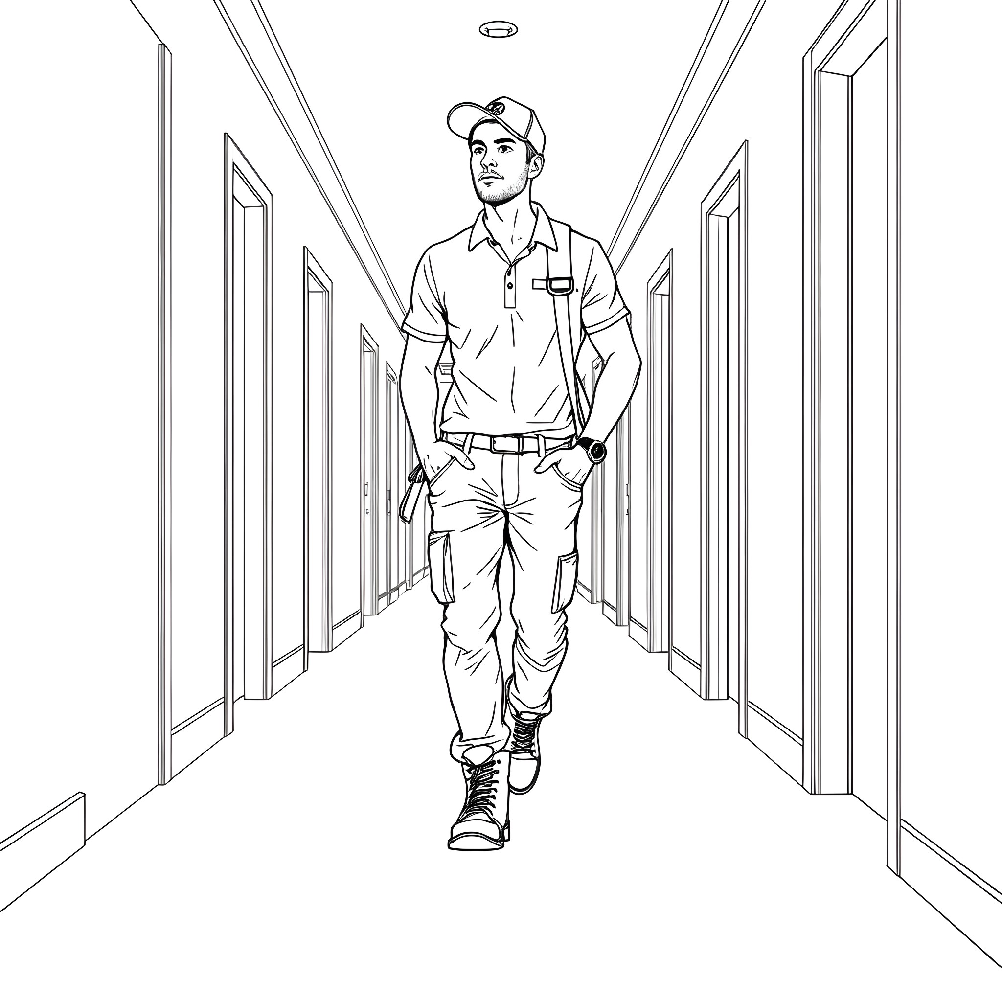 Teen Guy Walking Confidently Through Hallway Coloring Page (free black-and-white line drawing printable PDF for all, from beginners to advanced learners, including children, teens, adults, and seniors)