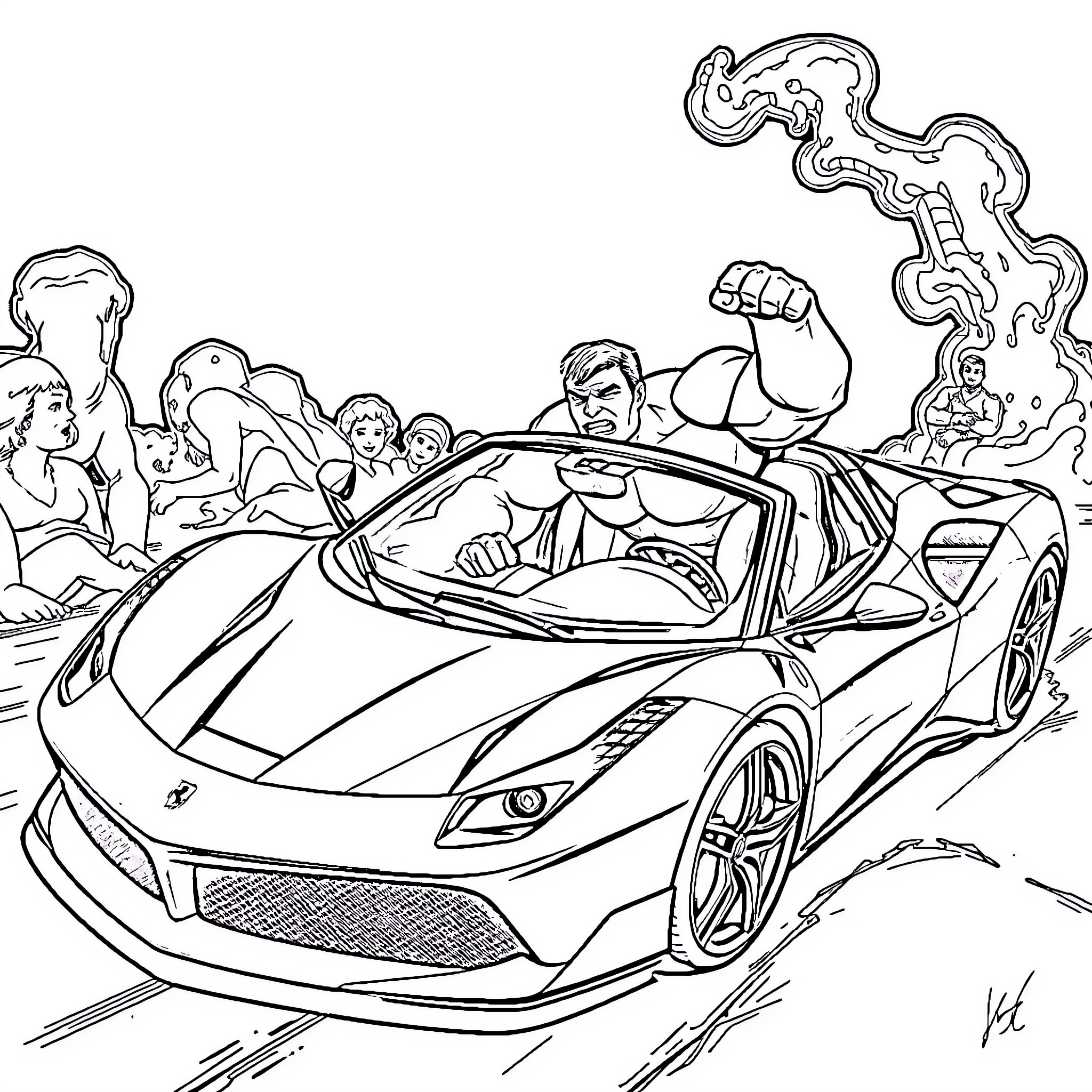 Spider-themed superheroes in a high-speed car chase Coloring Page (free black-and-white line drawing printable PDF for all, from beginners to advanced learners, including children, teens, adults, and seniors)