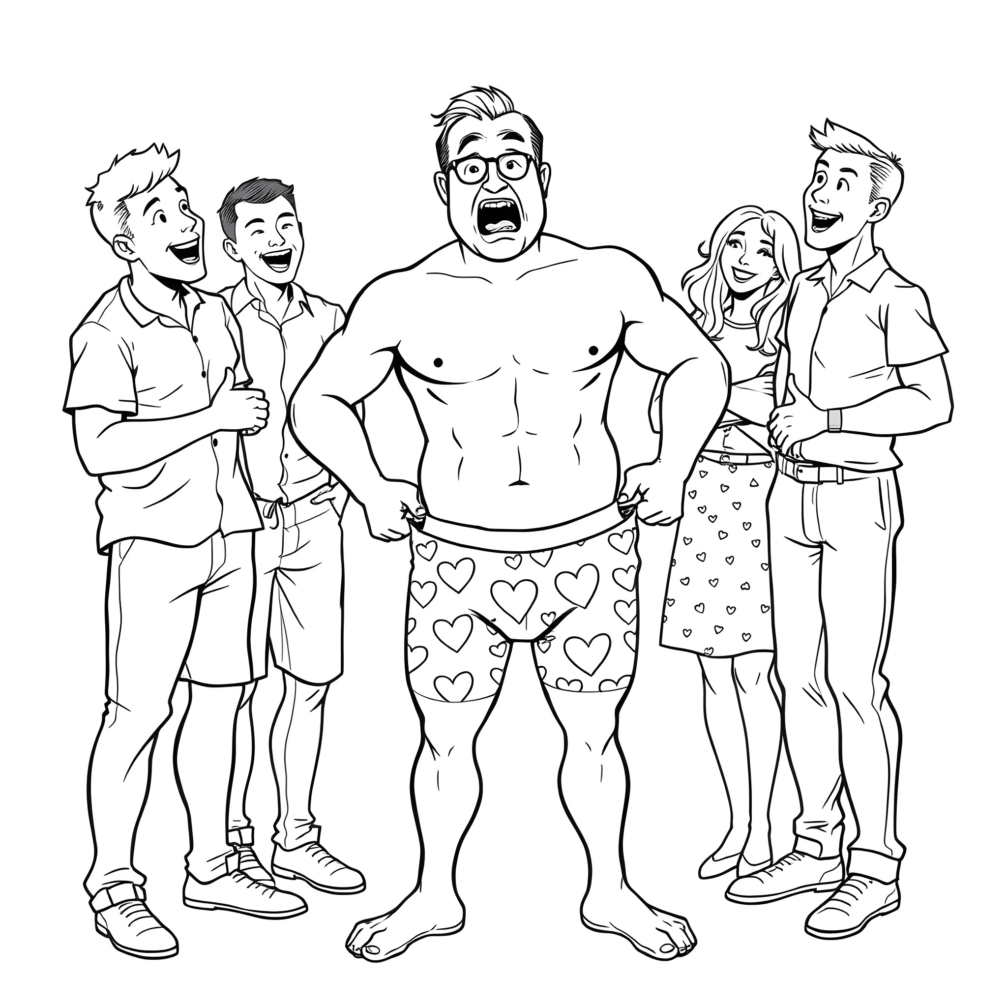 Guy makes funny faces with group of friends Coloring Page (free black-and-white line drawing printable PDF for all, from beginners to advanced learners, including children, teens, adults, and seniors)