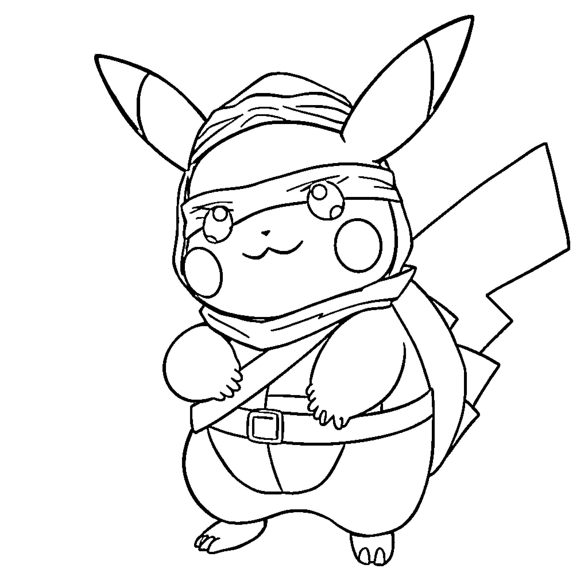 Pikachu dressed as adventurer exploring Coloring Page (free black-and-white line drawing printable PDF for all, from beginners to advanced learners, including children, teens, adults, and seniors)
