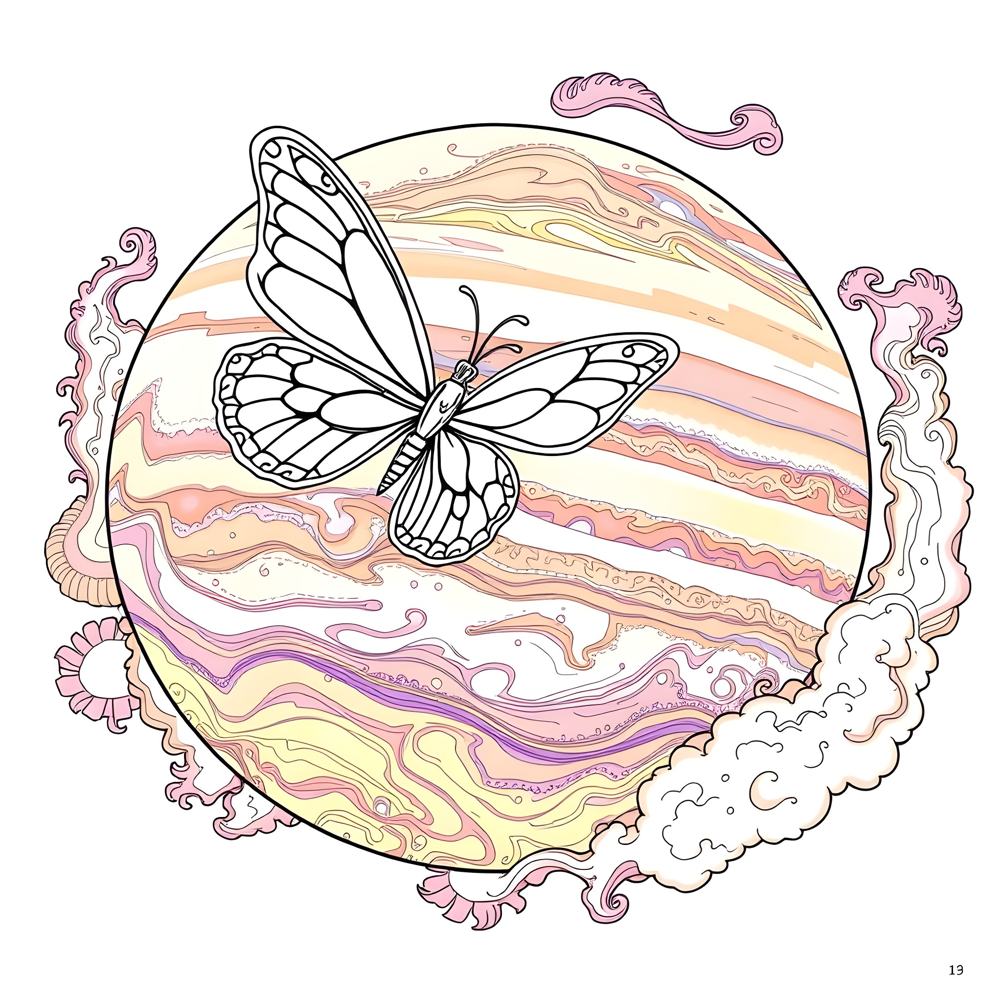 Butterfly dancing amidst swirling patterns Coloring Page (free black-and-white line drawing printable PDF for all, from beginners to advanced learners, including children, teens, adults, and seniors)