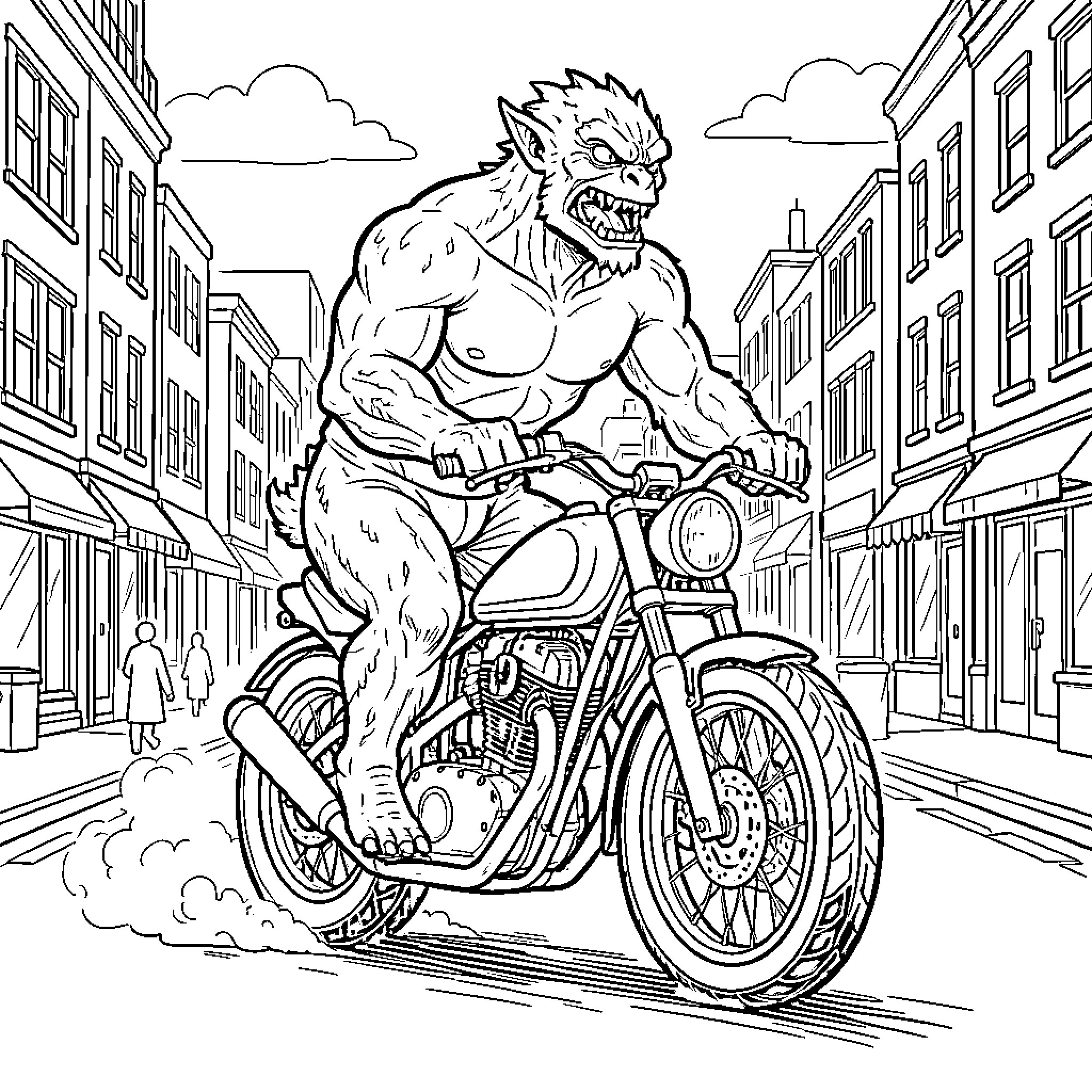 Giant muscular creature riding a motorcycle through a street Coloring Page (free black-and-white line drawing printable PDF for all, from beginners to advanced learners, including children, teens, adults, and seniors)