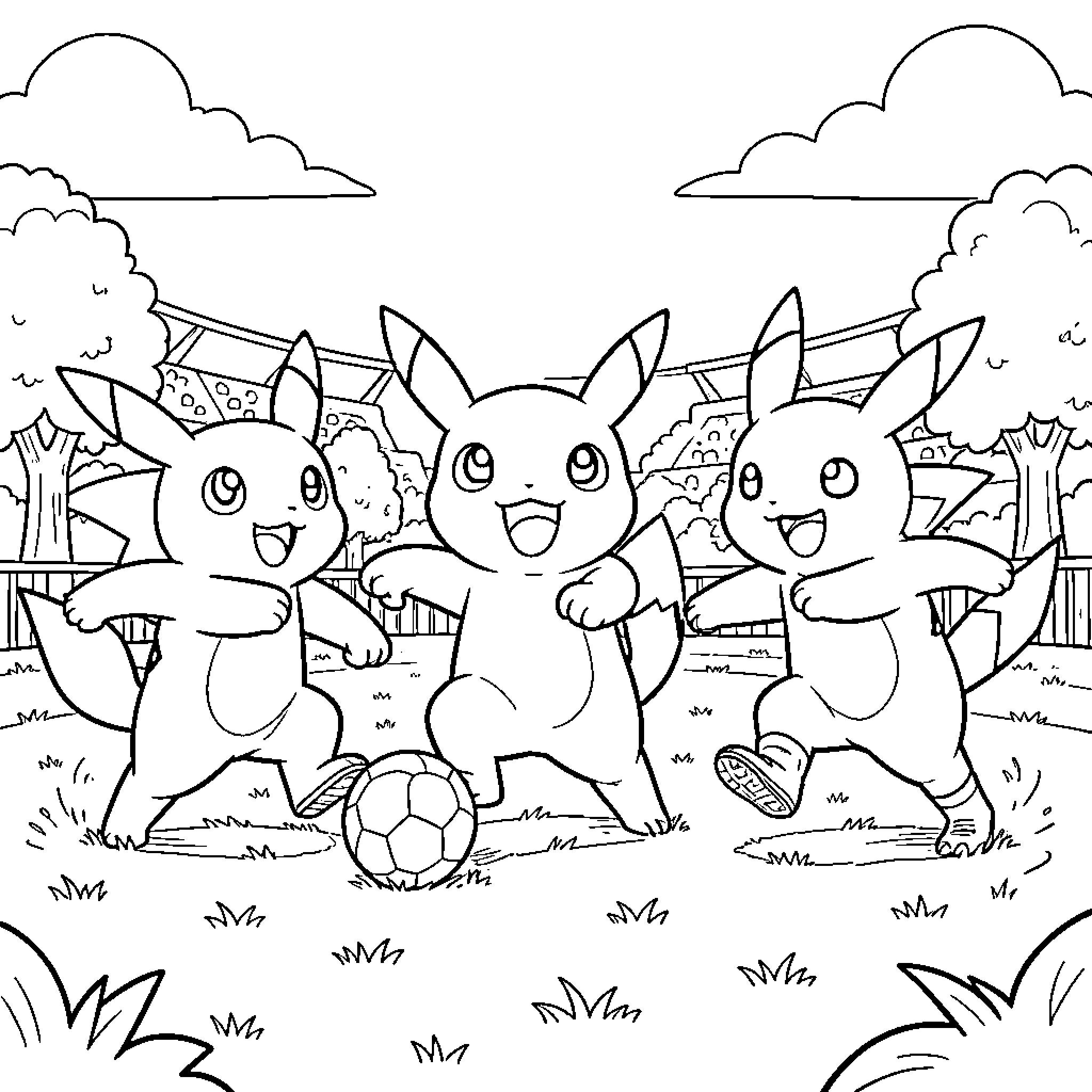 Pokémon playing soccer joyfully in a grassy field Coloring Page (free black-and-white line drawing printable PDF for all, from beginners to advanced learners, including children, teens, adults, and seniors)