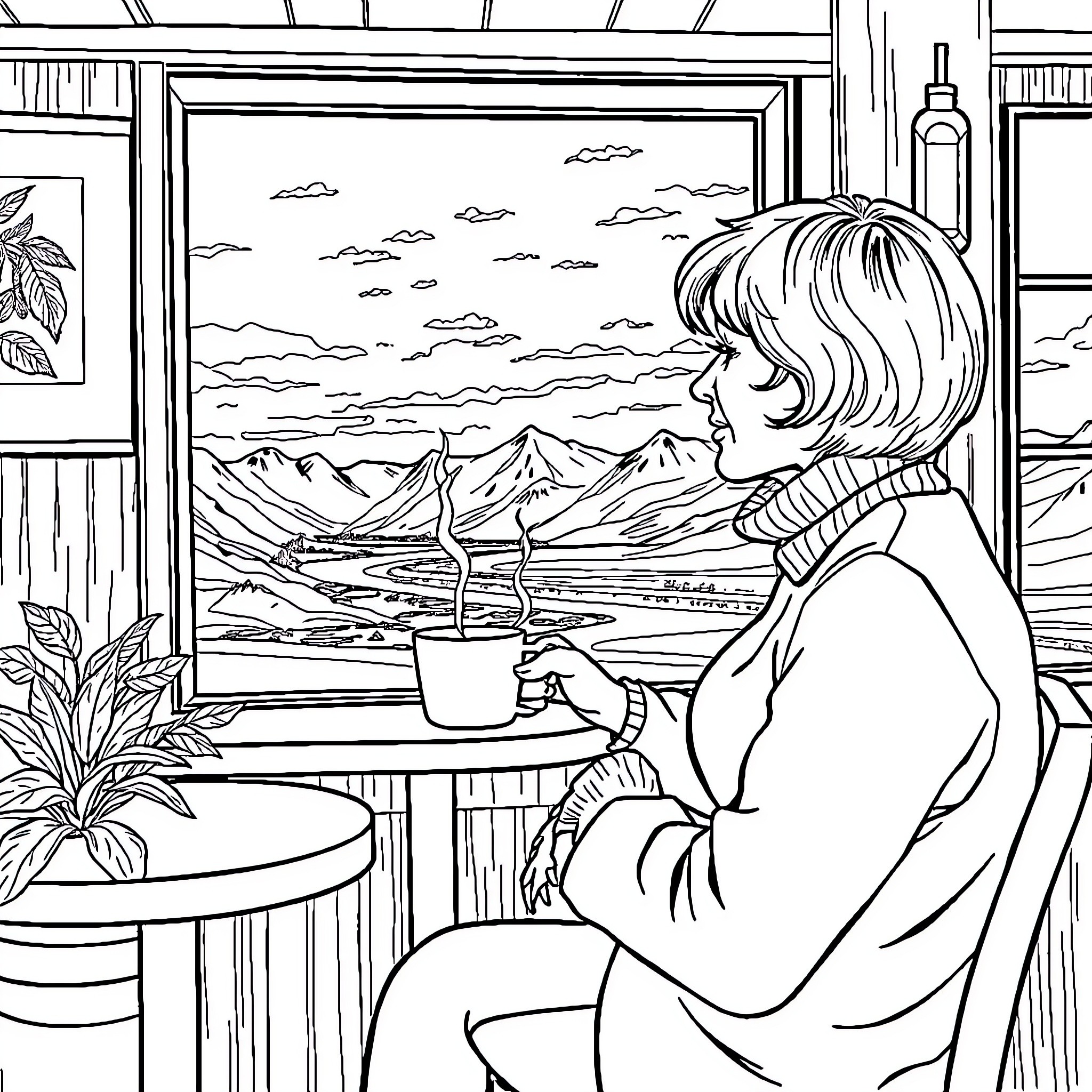 Woman gazing at mountain landscape through window Coloring Page (free black-and-white line drawing printable PDF for all, from beginners to advanced learners, including children, teens, adults, and seniors)