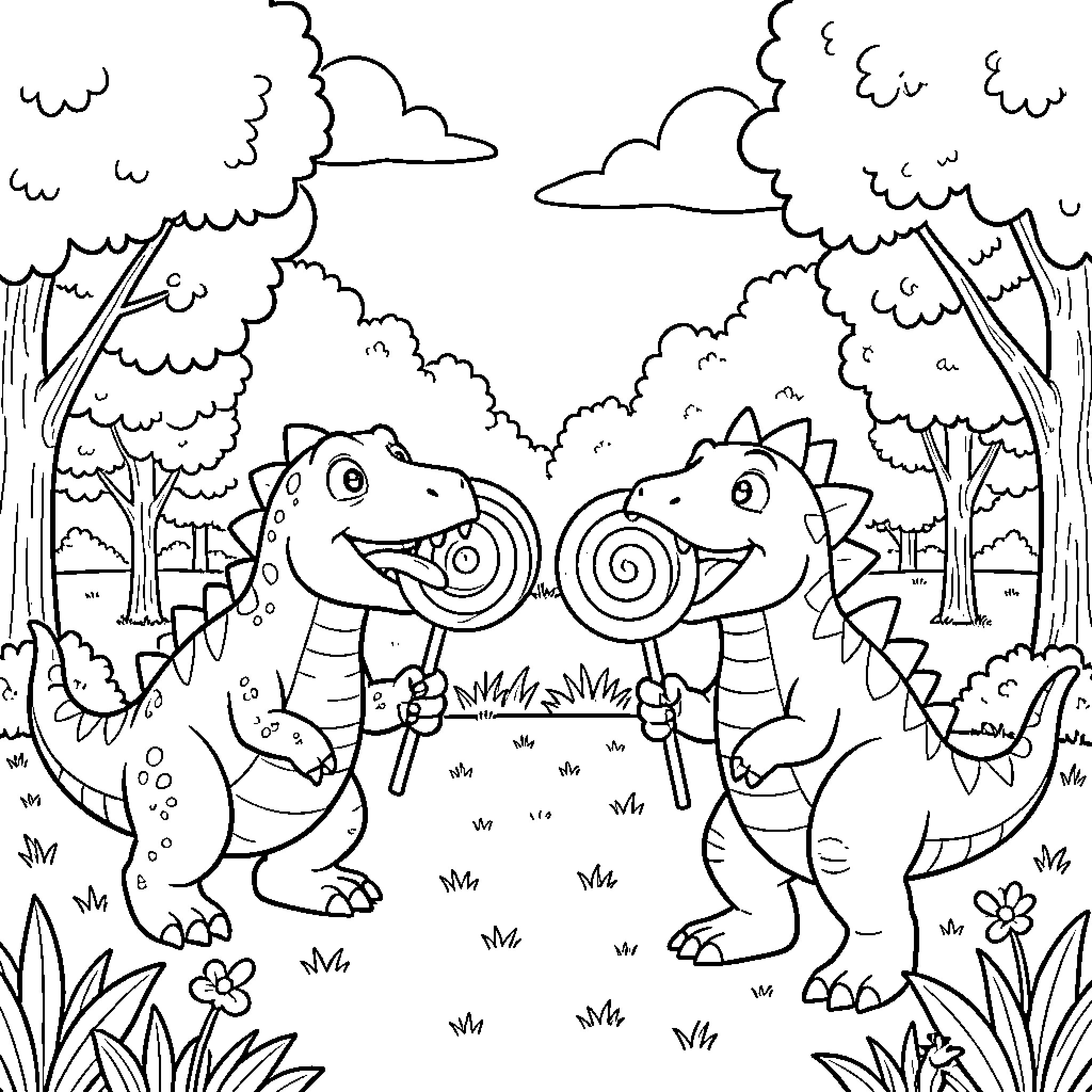 Dinosaur friends playing happily in the forest Coloring Page (free black-and-white line drawing printable PDF for all, from beginners to advanced learners, including children, teens, adults, and seniors)