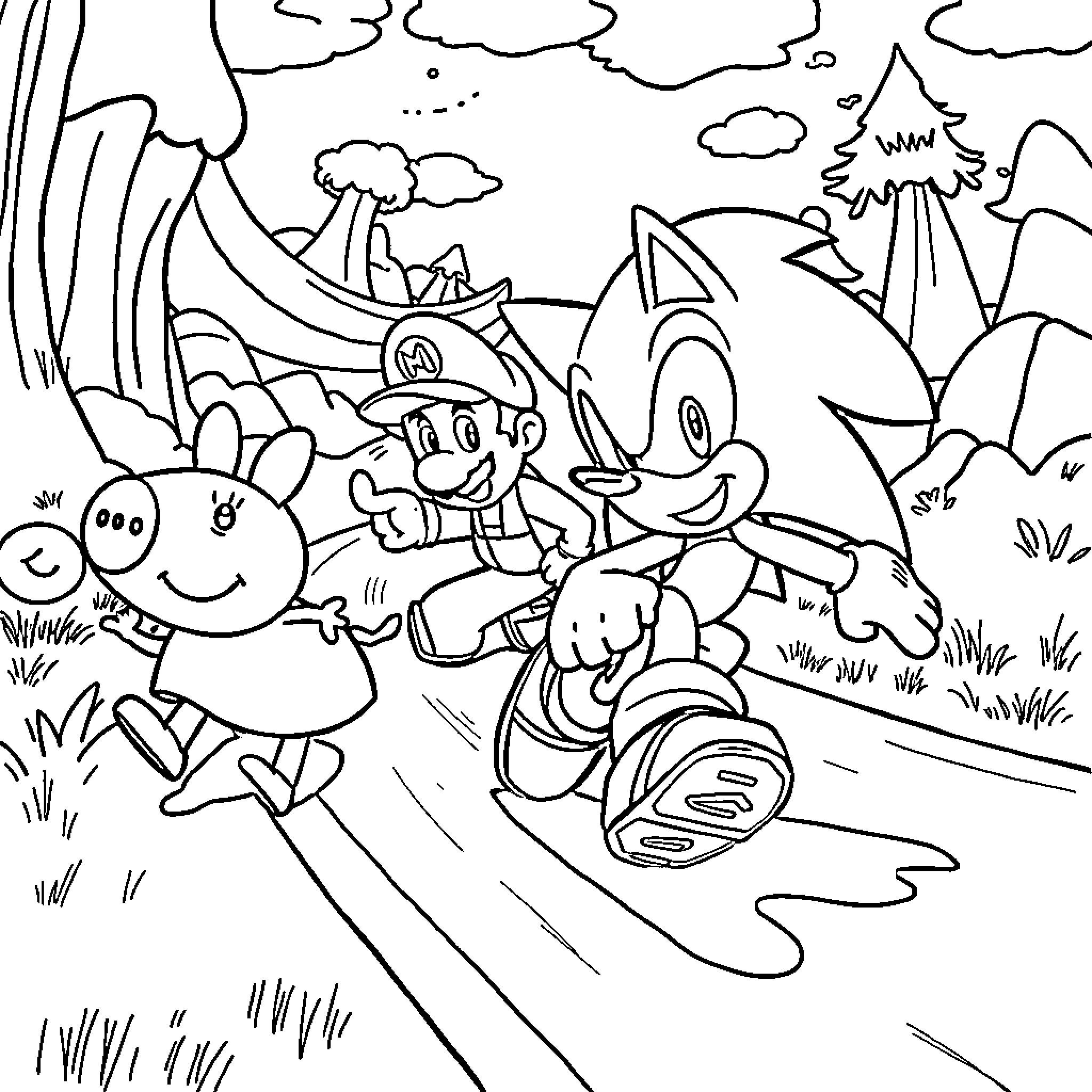 Sonic and friends explore the whimsical landscape Coloring Page (free black-and-white line drawing printable PDF for all, from beginners to advanced learners, including children, teens, adults, and seniors)