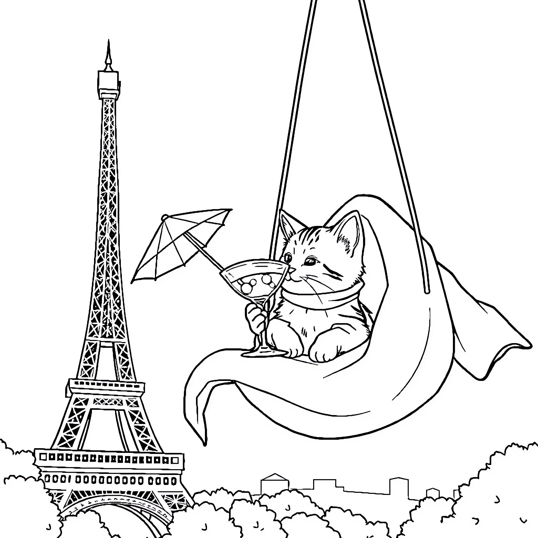 Cat relaxing in a hammock near the Eiffel Tower Coloring Page (free black-and-white line drawing printable PDF for all, from beginners to advanced learners, including children, teens, adults, and seniors)