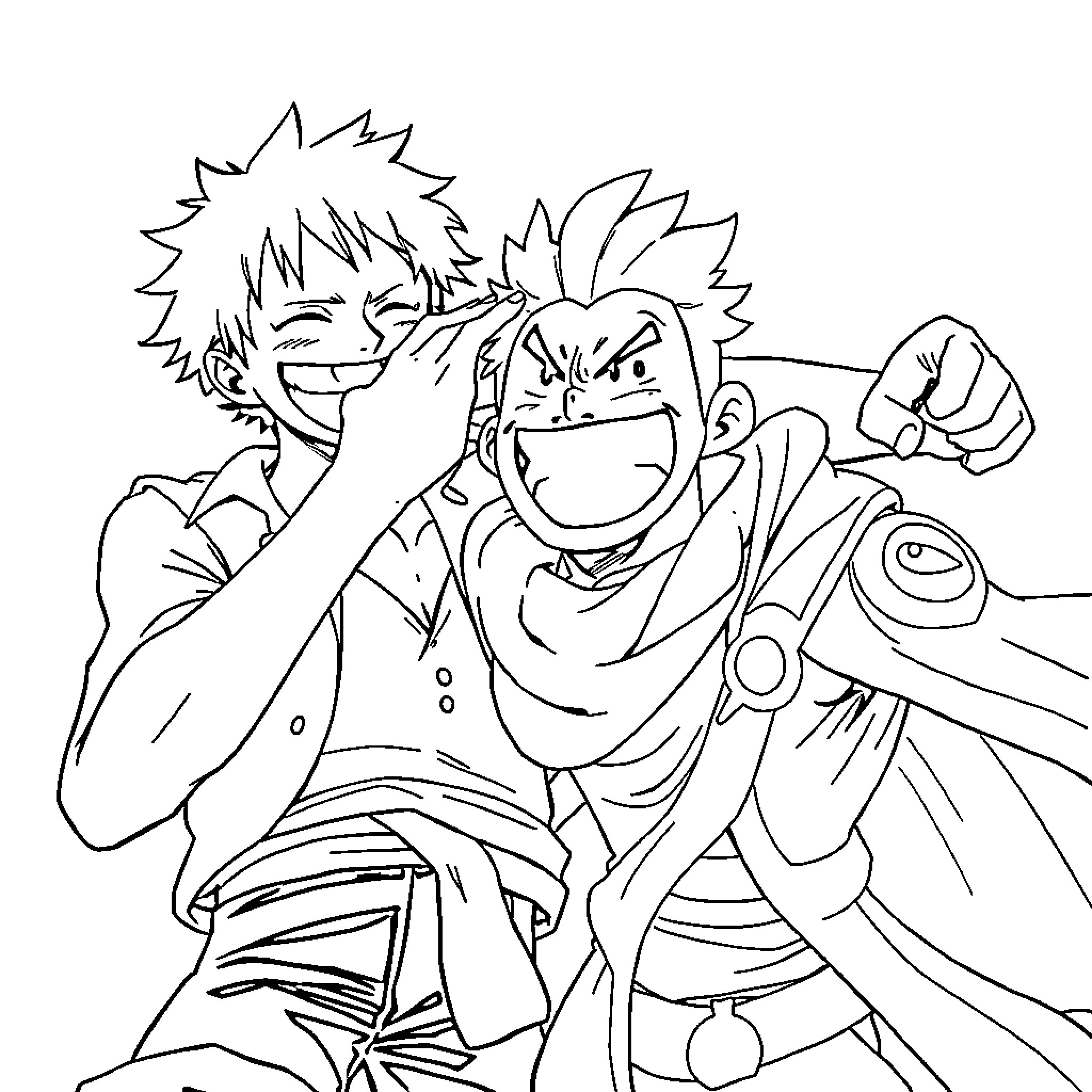 Luffy Engaging in Animated Adventure Coloring Page (free black-and-white line drawing printable PDF for all, from beginners to advanced learners, including children, teens, adults, and seniors)