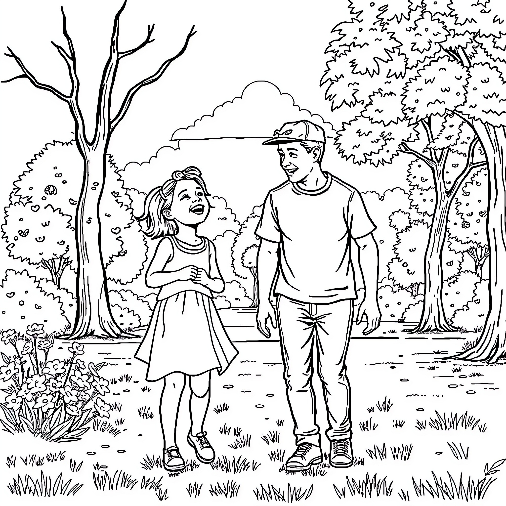 Girl and boy walking through nature-filled park Coloring Page (free black-and-white line drawing printable PDF for all, from beginners to advanced learners, including children, teens, adults, and seniors)