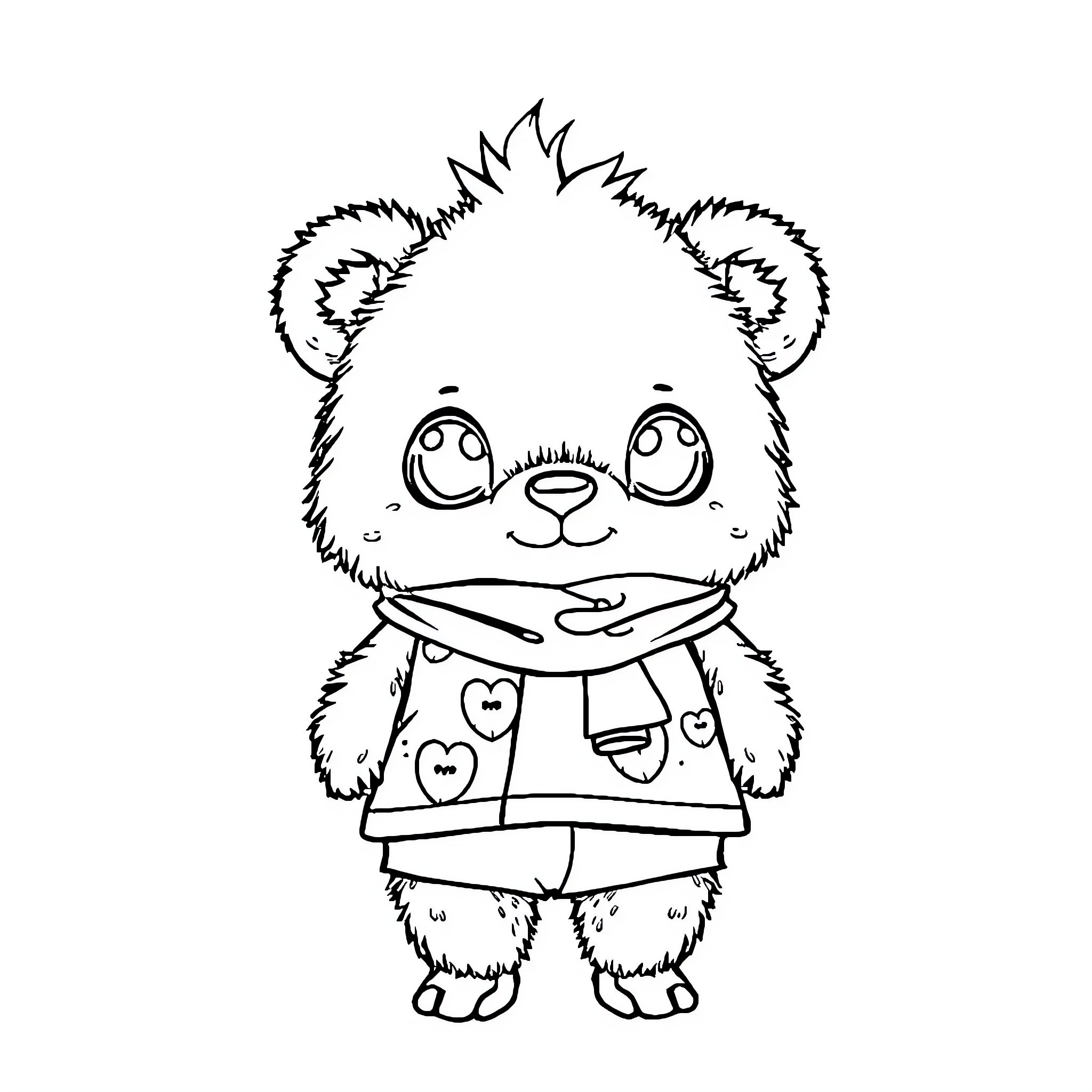 Bear cub wearing a stylized outfit Coloring Page (free black-and-white line drawing printable PDF for all, from beginners to advanced learners, including children, teens, adults, and seniors)