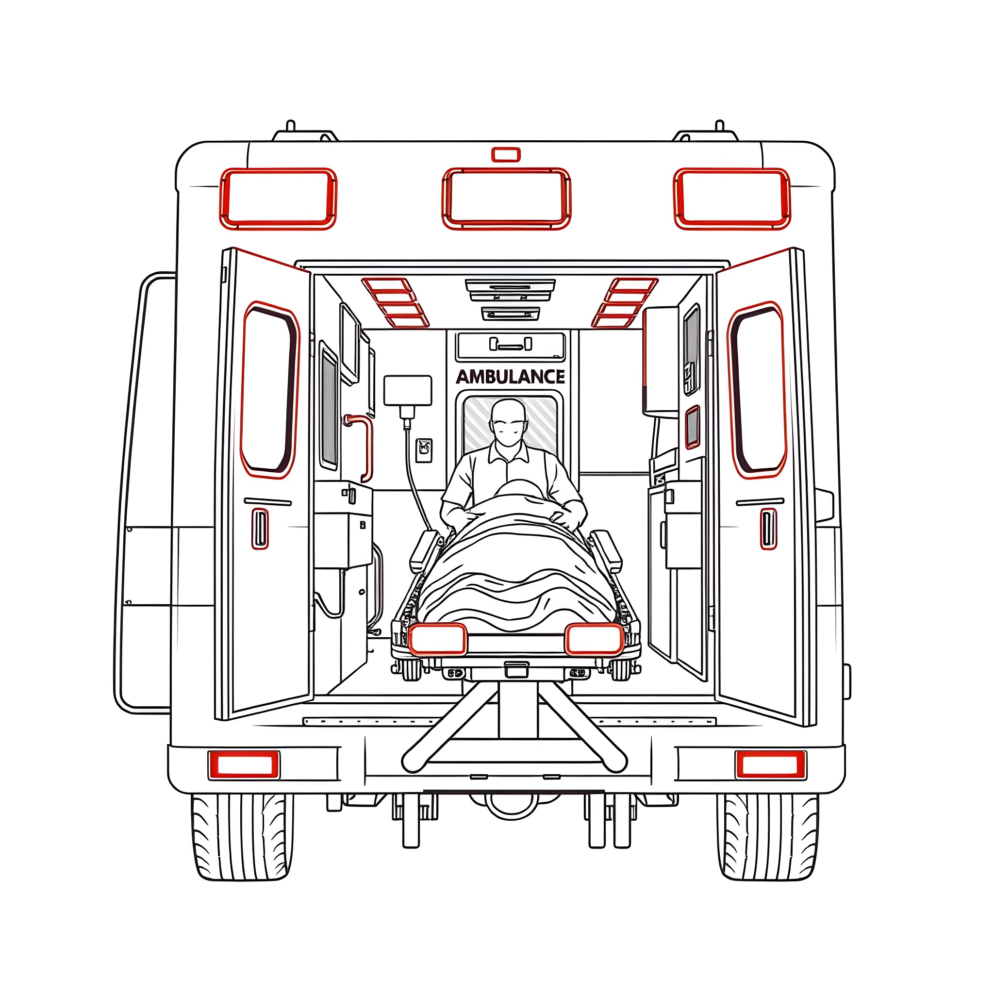 Ambulance transporting patient inside vehicle Coloring Page (free black-and-white line drawing printable PDF for all, from beginners to advanced learners, including children, teens, adults, and seniors)