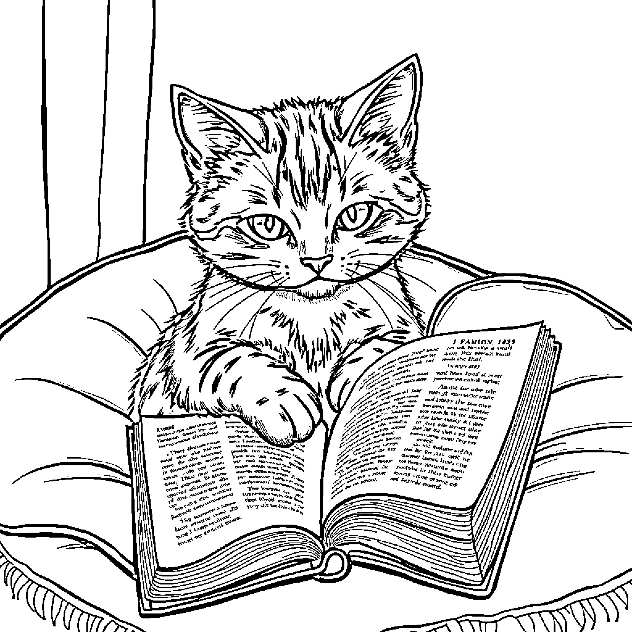 Cat reading intently in a cozy chair Coloring Page (free black-and-white line drawing printable PDF for all, from beginners to advanced learners, including children, teens, adults, and seniors)