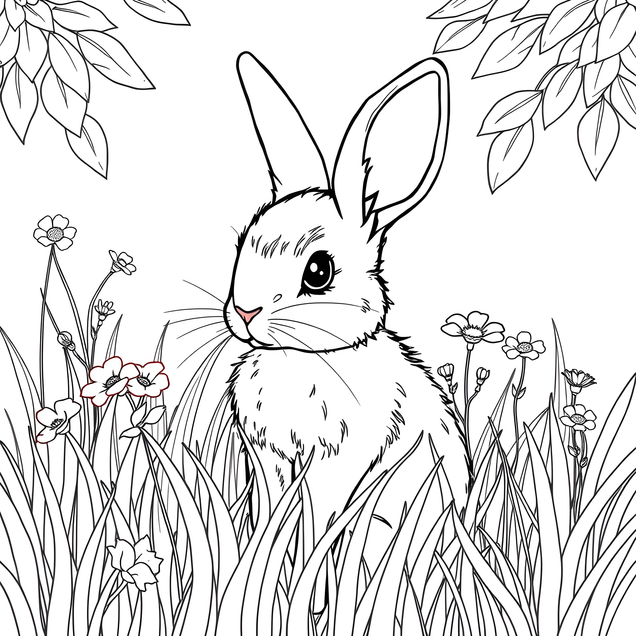 Bunny among flowers and leaves Coloring Page (free black-and-white line drawing printable PDF for all, from beginners to advanced learners, including children, teens, adults, and seniors)