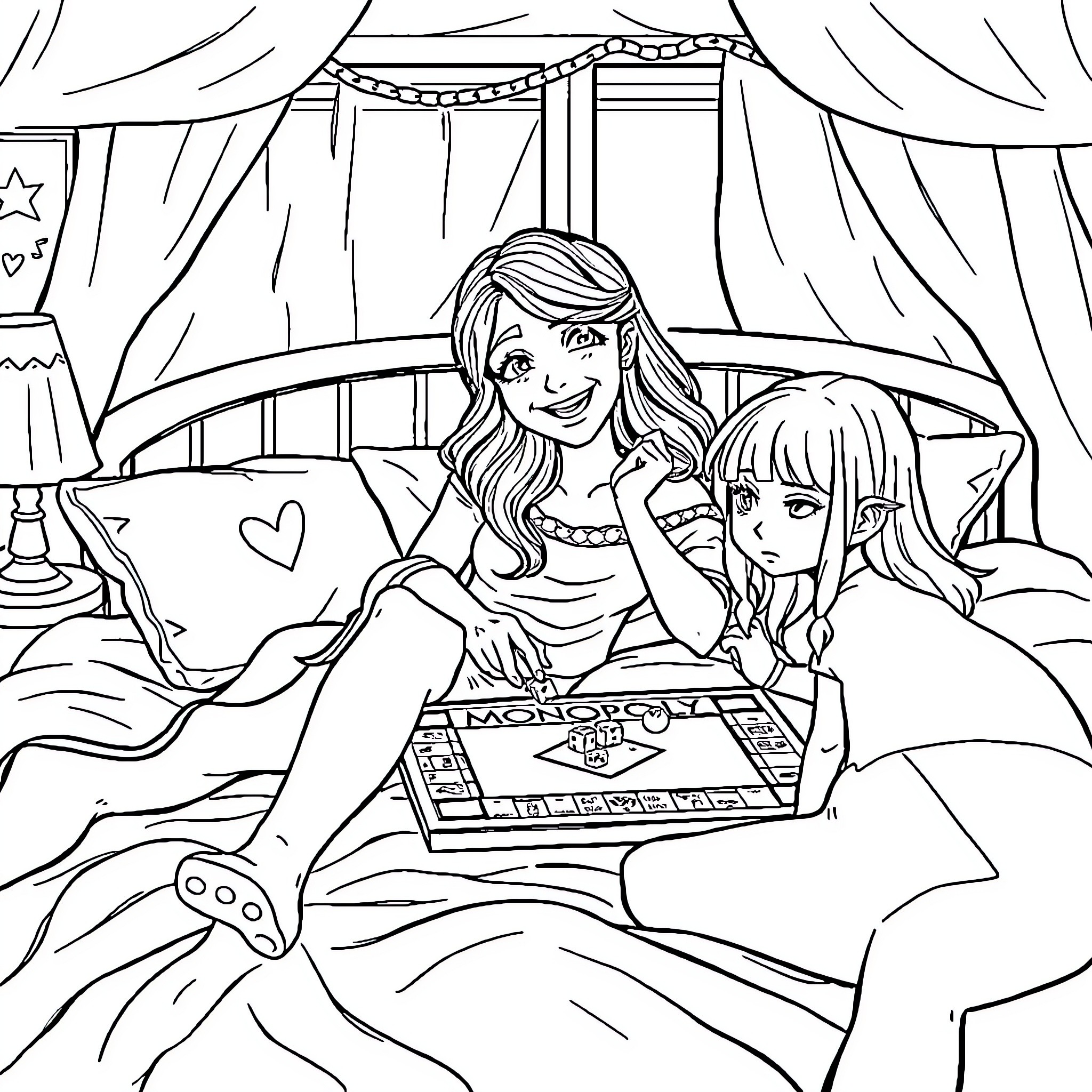 Hakos Baelz playing video games with a friend on a bed Coloring Page (free black-and-white line drawing printable PDF for all, from beginners to advanced learners, including children, teens, adults, and seniors)