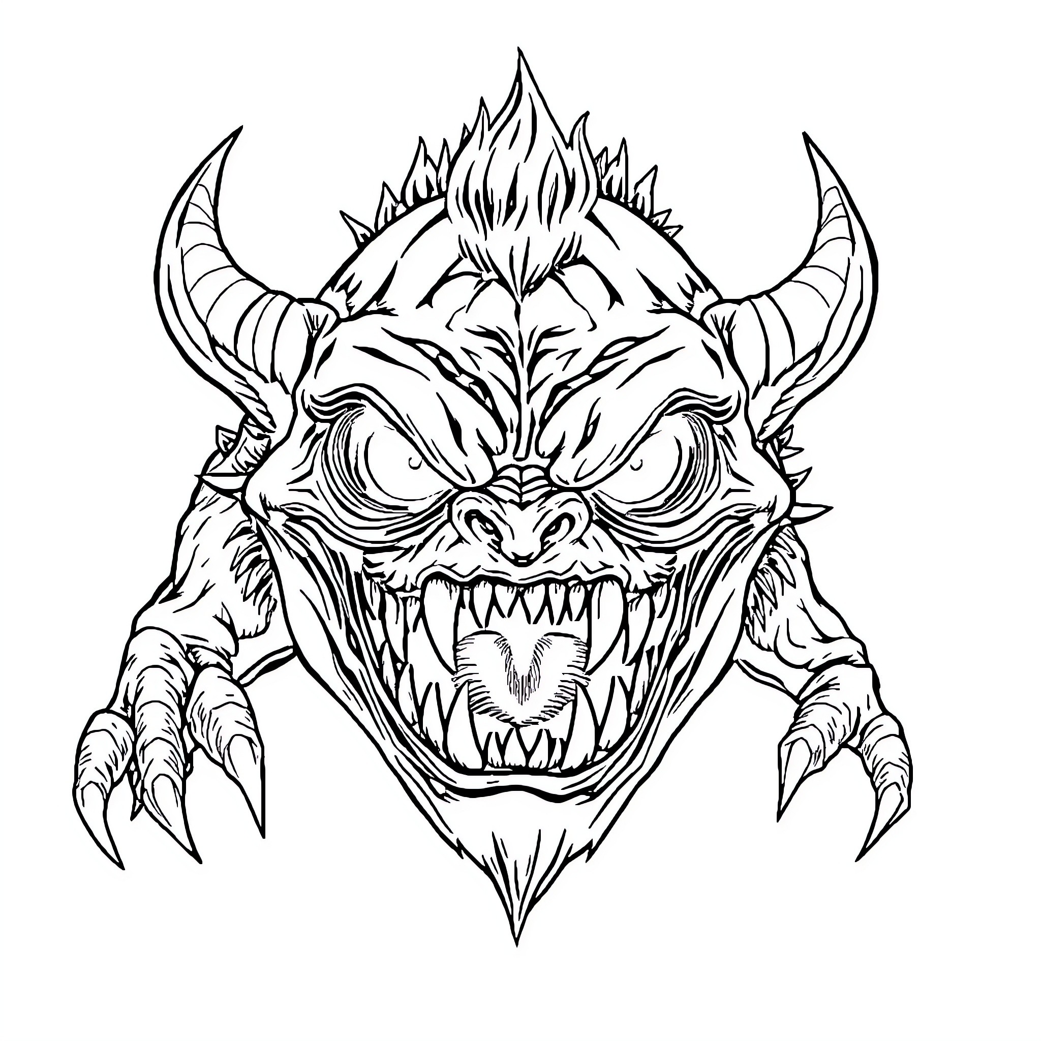 Monster with Terrifying Fangs and Claws Coloring Page (free black-and-white line drawing printable PDF for all, from beginners to advanced learners, including children, teens, adults, and seniors)