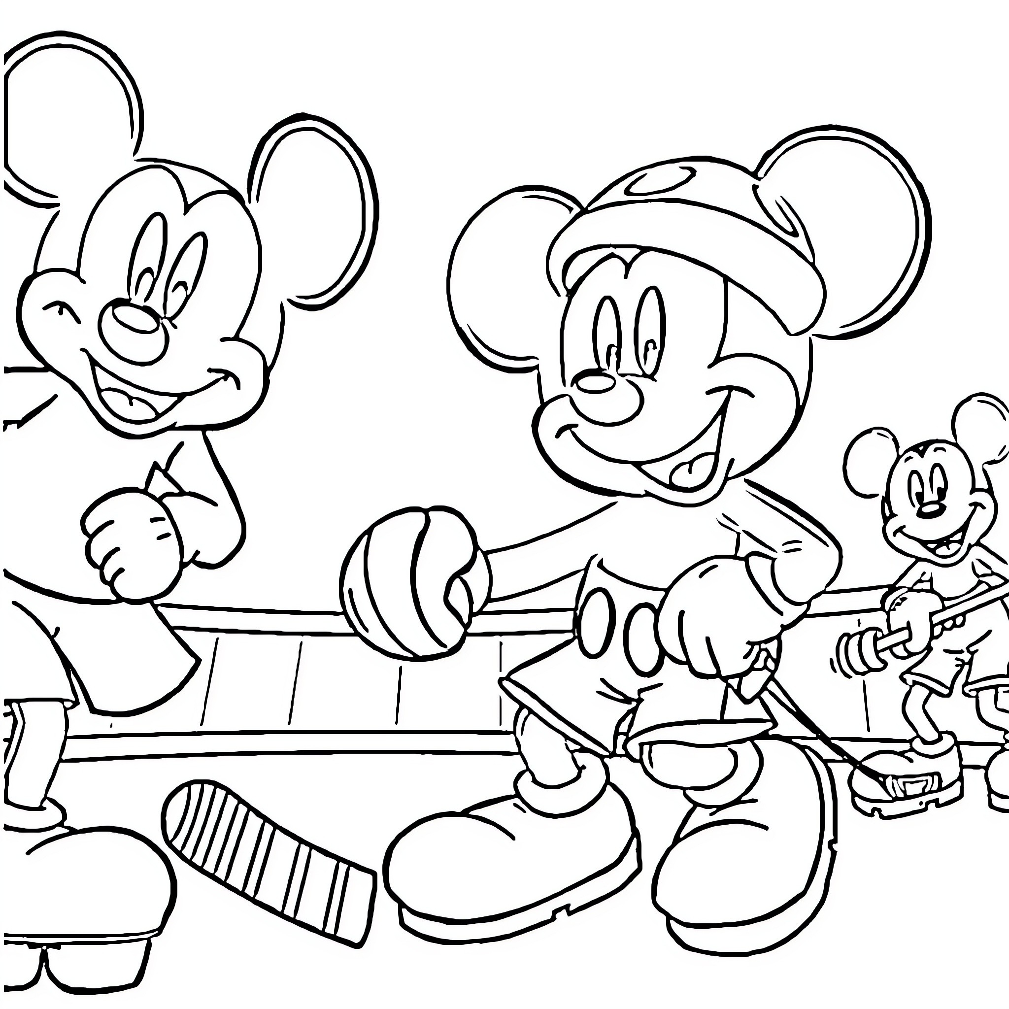 Mickey Mouse and friends in a playful scene Coloring Page (free black-and-white line drawing printable PDF for all, from beginners to advanced learners, including children, teens, adults, and seniors)