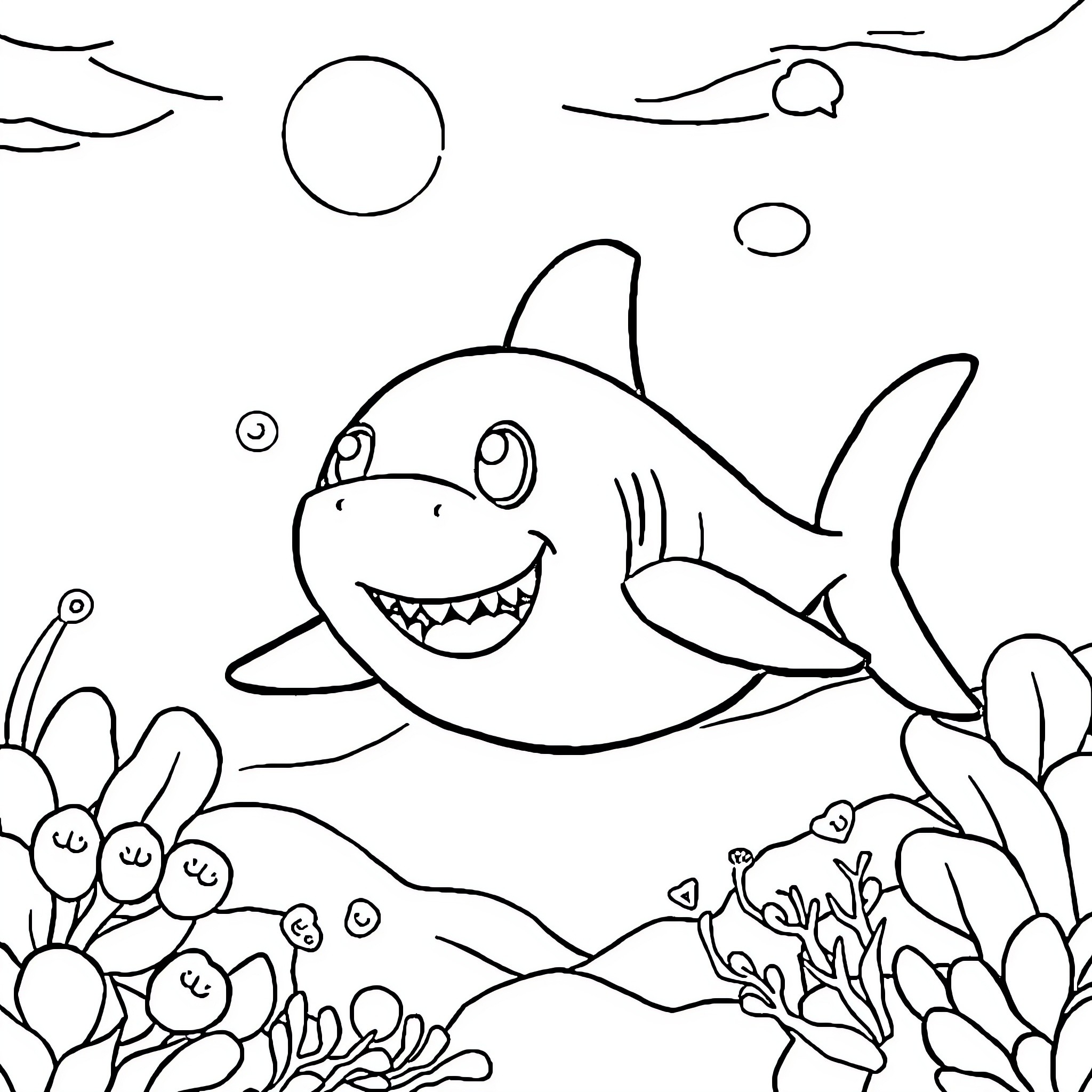Shark smiling among underwater coral reef Coloring Page (free black-and-white line drawing printable PDF for all, from beginners to advanced learners, including children, teens, adults, and seniors)