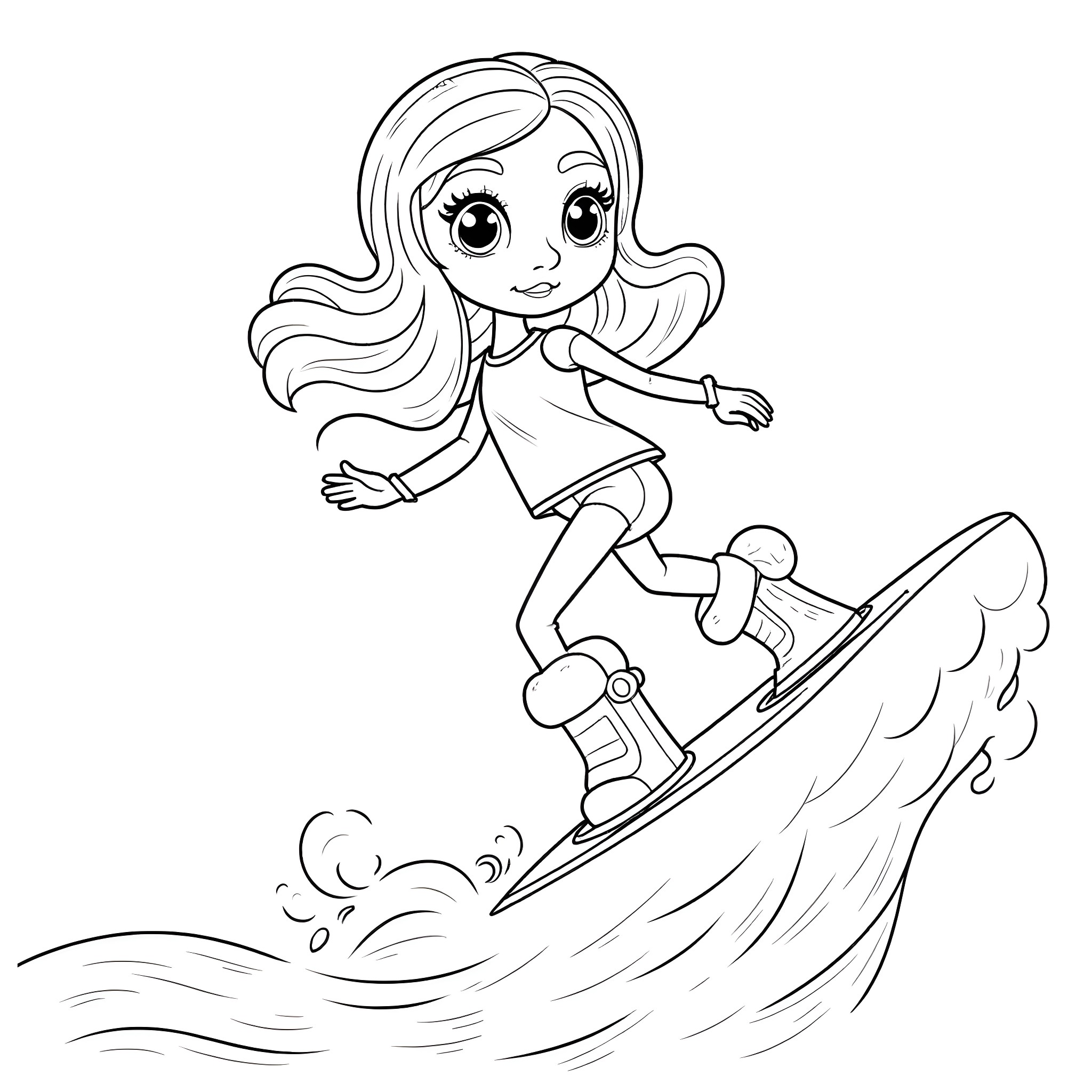 Gabby's Surfing Adventure Coloring Page (free black-and-white line drawing printable PDF for all, from beginners to advanced learners, including children, teens, adults, and seniors)