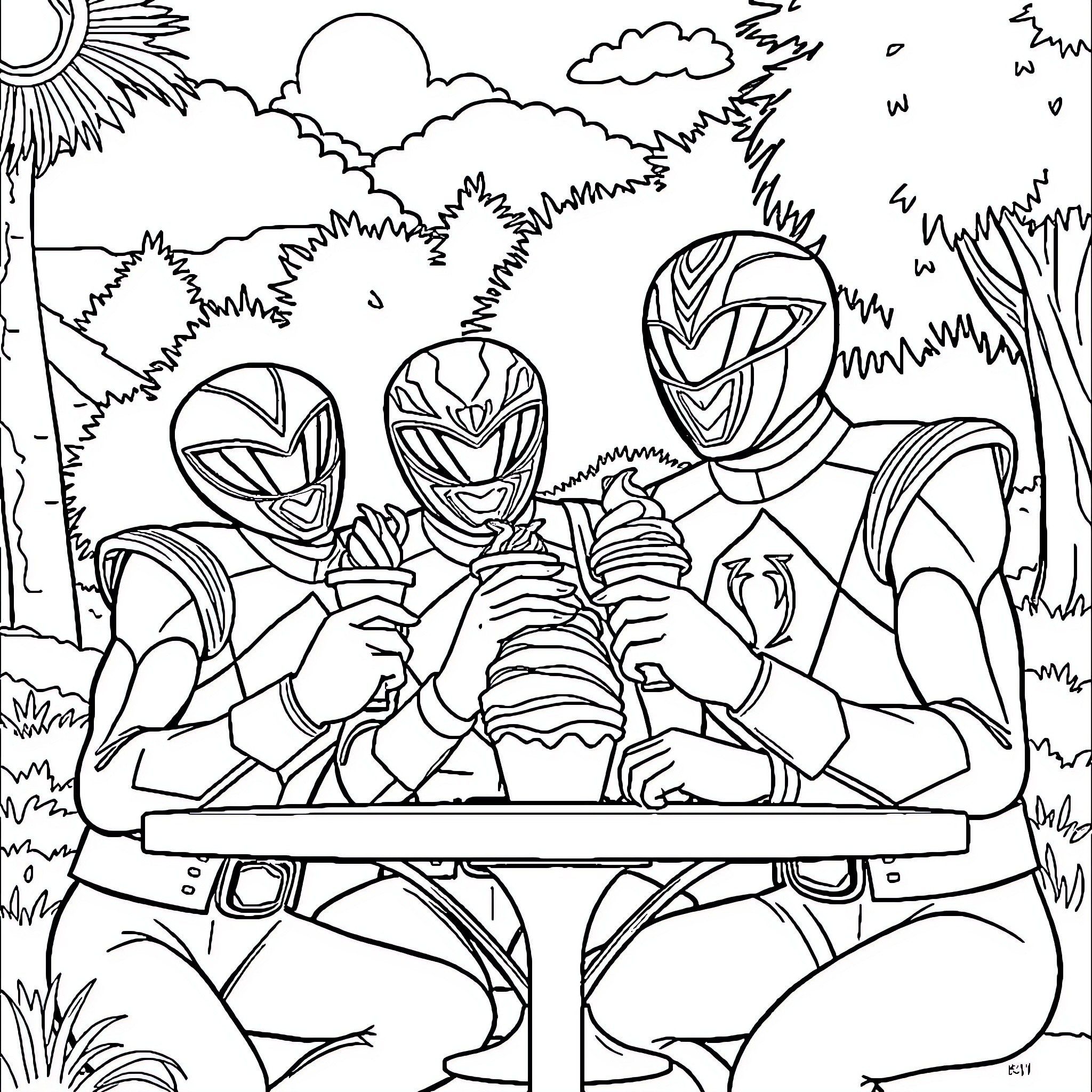 Power Ranger Heroes Battling in the Wilderness Coloring Page (free black-and-white line drawing printable PDF for all, from beginners to advanced learners, including children, teens, adults, and seniors)
