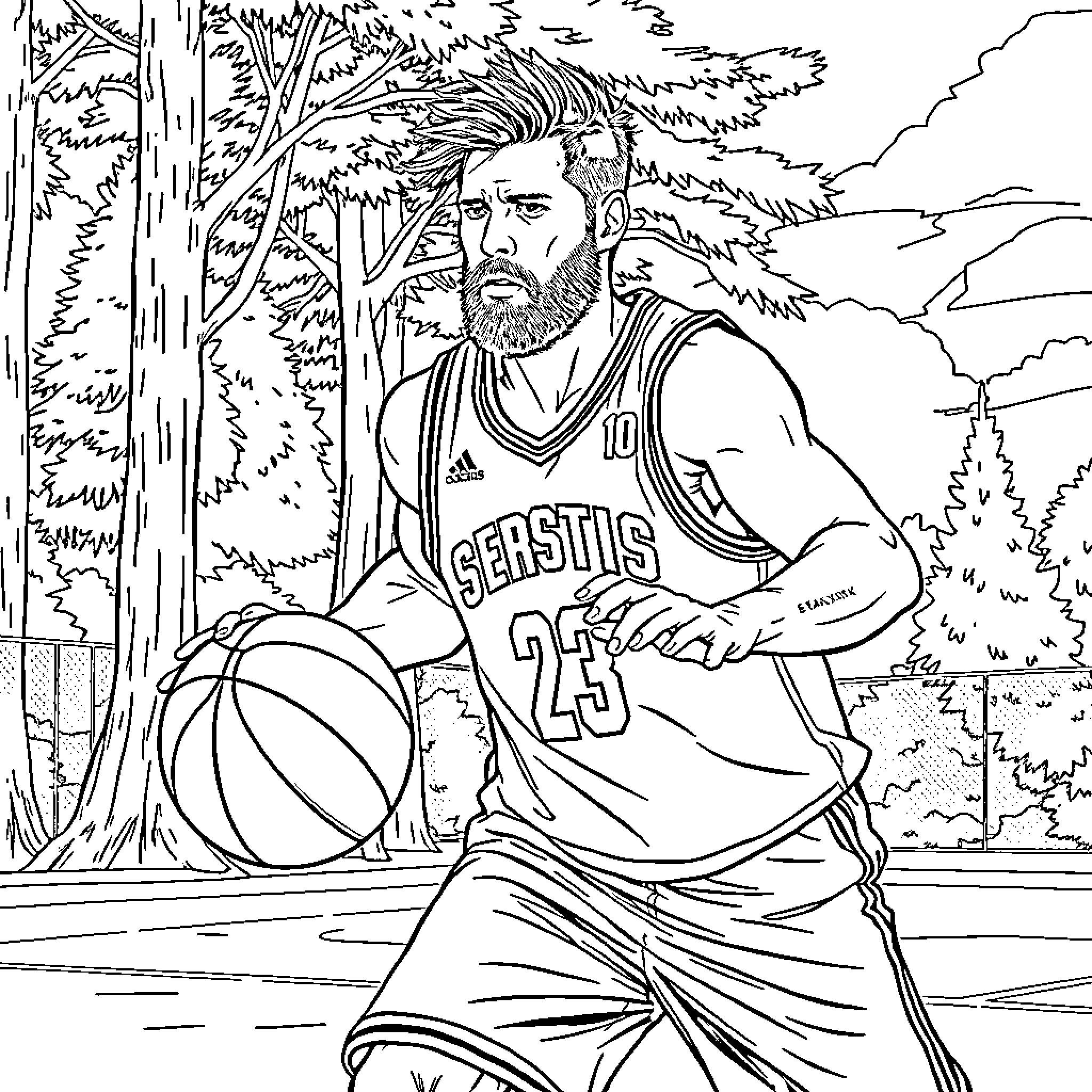 Ned Stark playing basketball in the forest Coloring Page (free black-and-white line drawing printable PDF for all, from beginners to advanced learners, including children, teens, adults, and seniors)