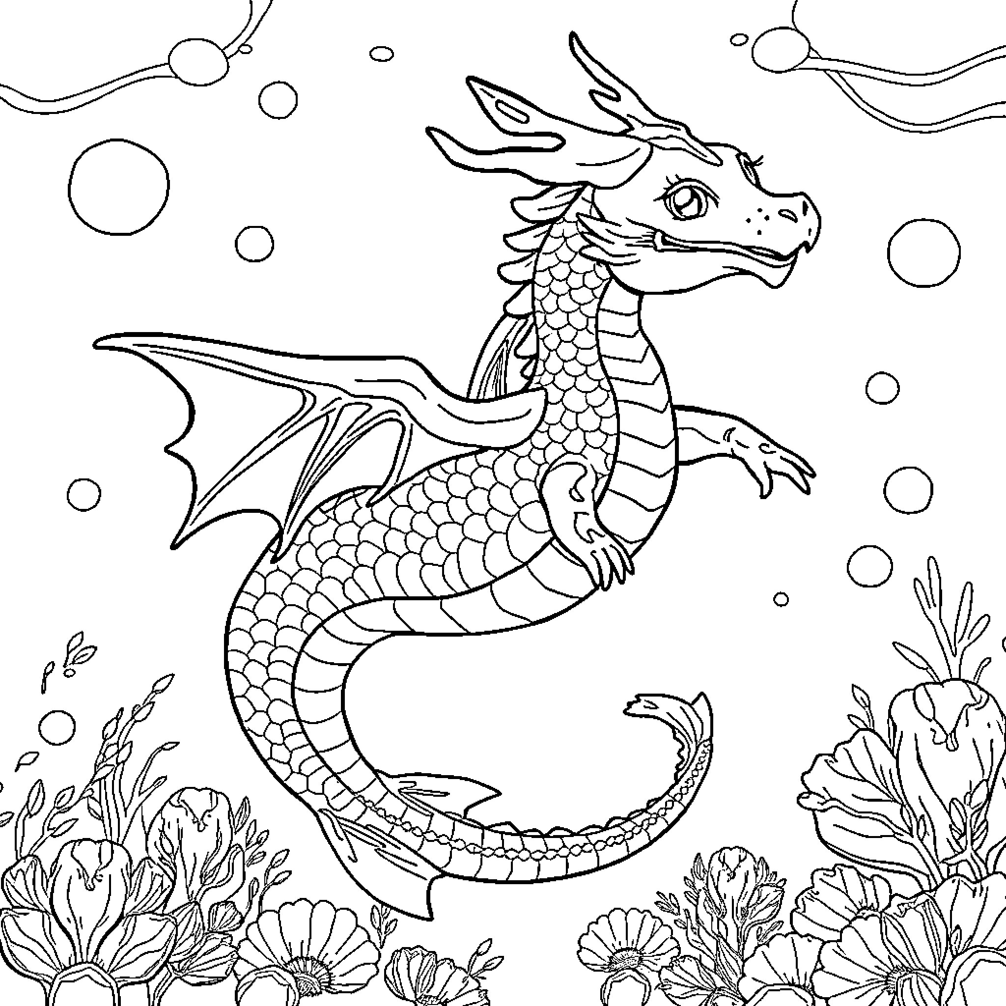 Dragonite swimming gracefully in an underwater floral scene Coloring Page (free black-and-white line drawing printable PDF for all, from beginners to advanced learners, including children, teens, adults, and seniors)