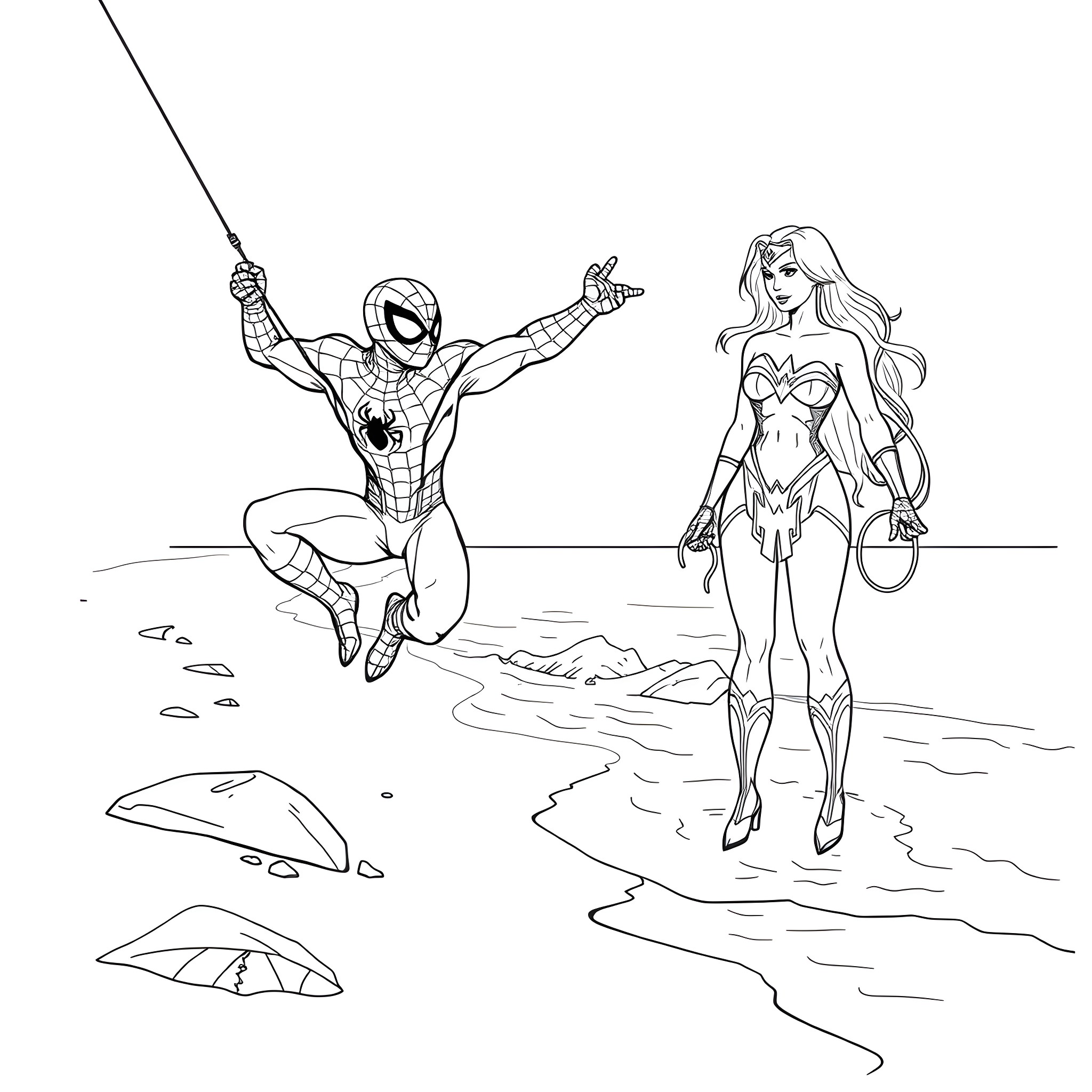 Spiderman and female superhero in action scene Coloring Page (free black-and-white line drawing printable PDF for all, from beginners to advanced learners, including children, teens, adults, and seniors)