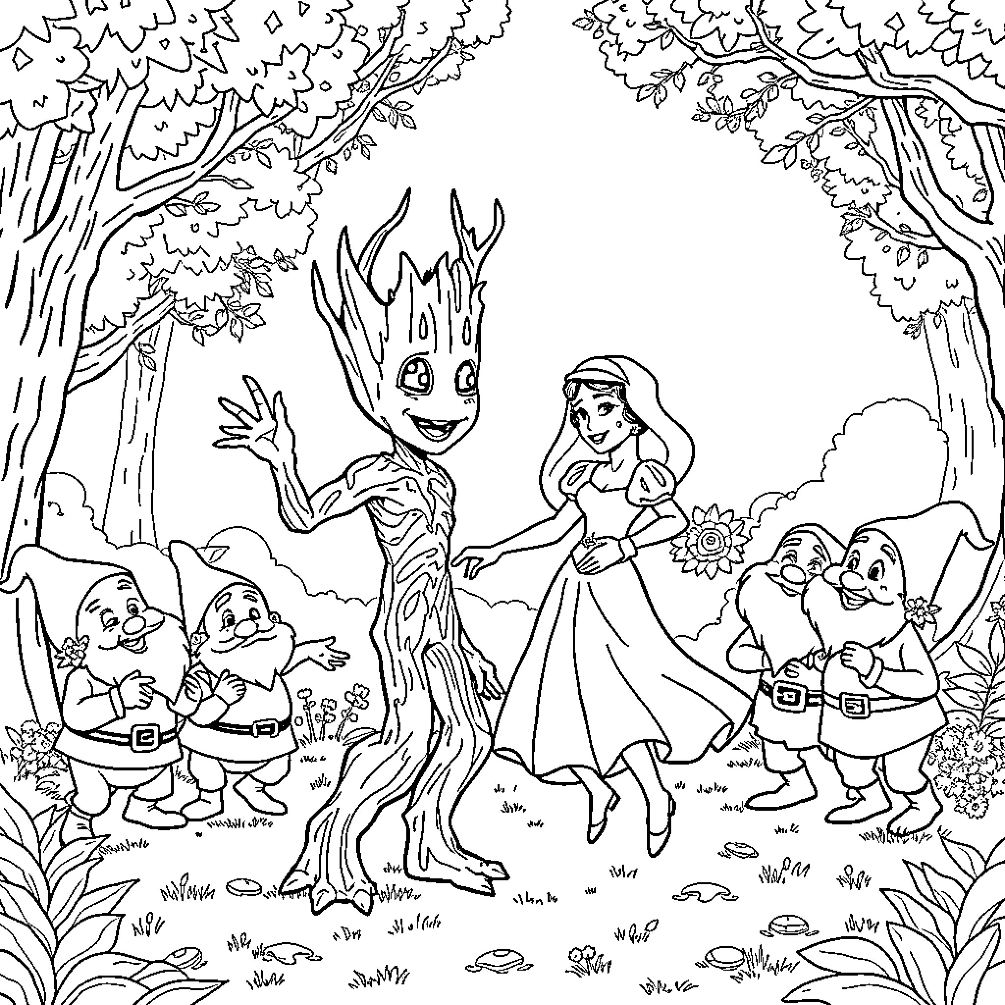Groot and friends meet a princess in the forest Coloring Page (free black-and-white line drawing printable PDF for all, from beginners to advanced learners, including children, teens, adults, and seniors)