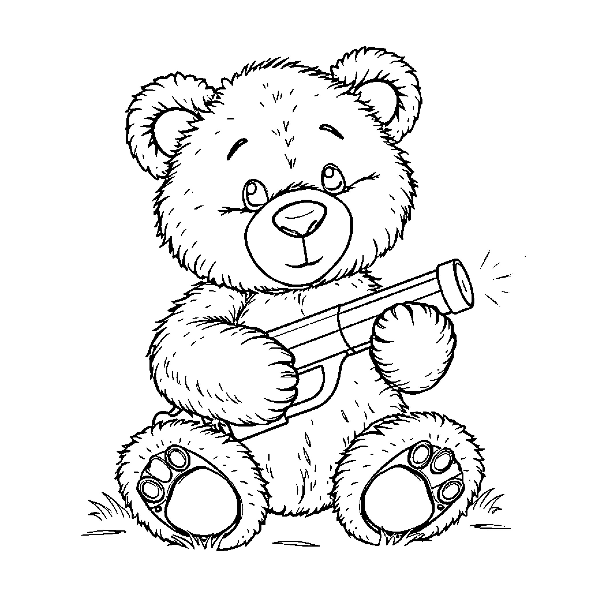 Teddy Bear playing with toy trumpet Coloring Page (free black-and-white line drawing printable PDF for all, from beginners to advanced learners, including children, teens, adults, and seniors)