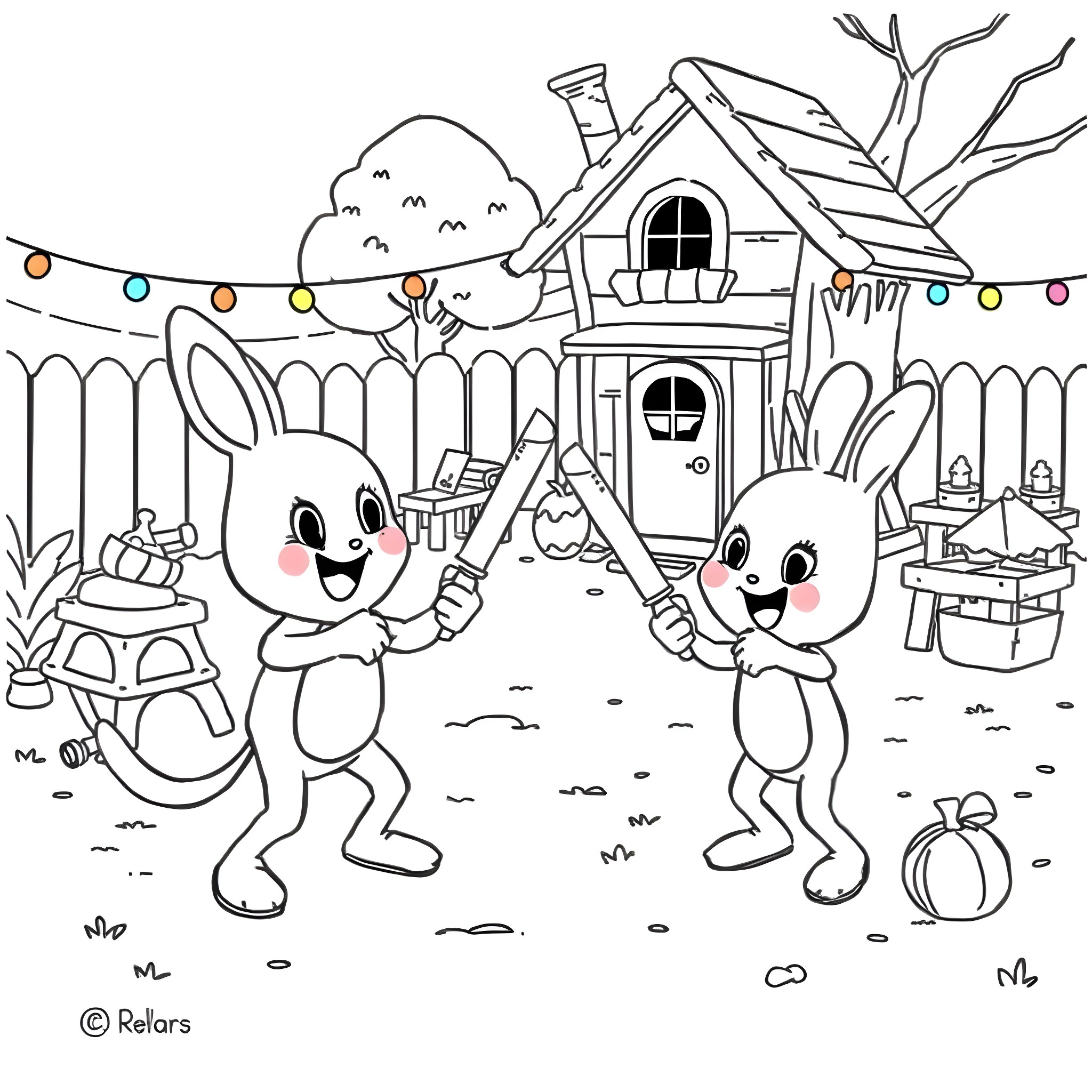 Bingo Bunnies Celebrate in the Backyard Coloring Page (free black-and-white line drawing printable PDF for all, from beginners to advanced learners, including children, teens, adults, and seniors)
