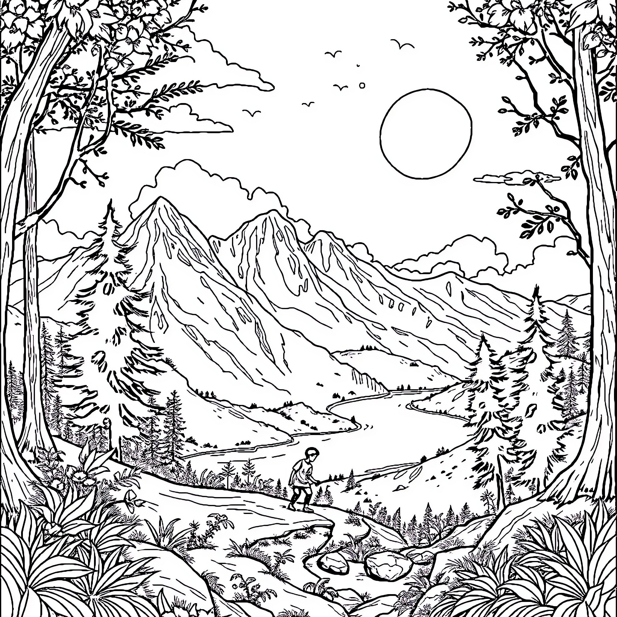 Pemuda exploring the serene mountain landscape Coloring Page (free black-and-white line drawing printable PDF for all, from beginners to advanced learners, including children, teens, adults, and seniors)