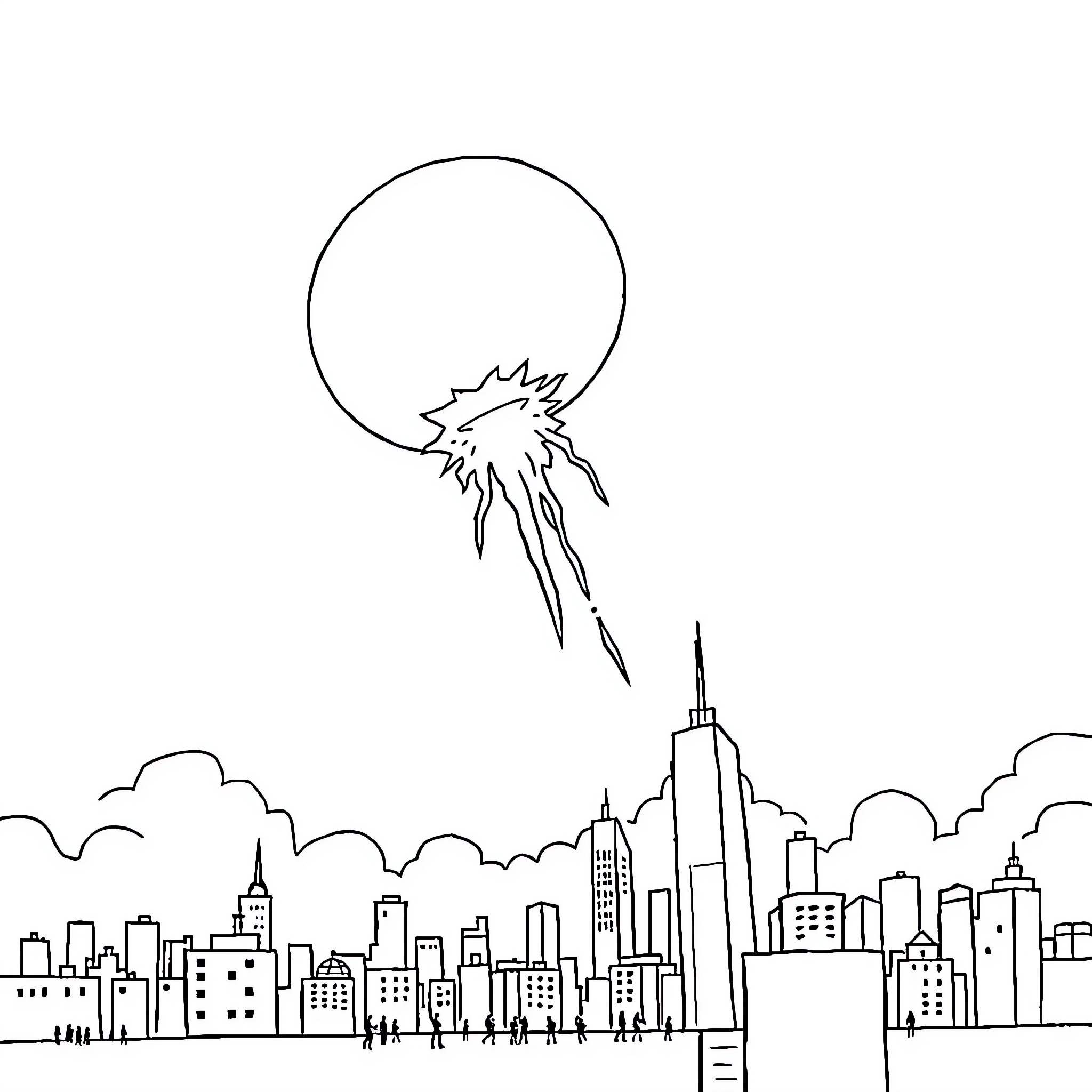 Bomb exploding over urban skyline Coloring Page (free black-and-white line drawing printable PDF for all, from beginners to advanced learners, including children, teens, adults, and seniors)