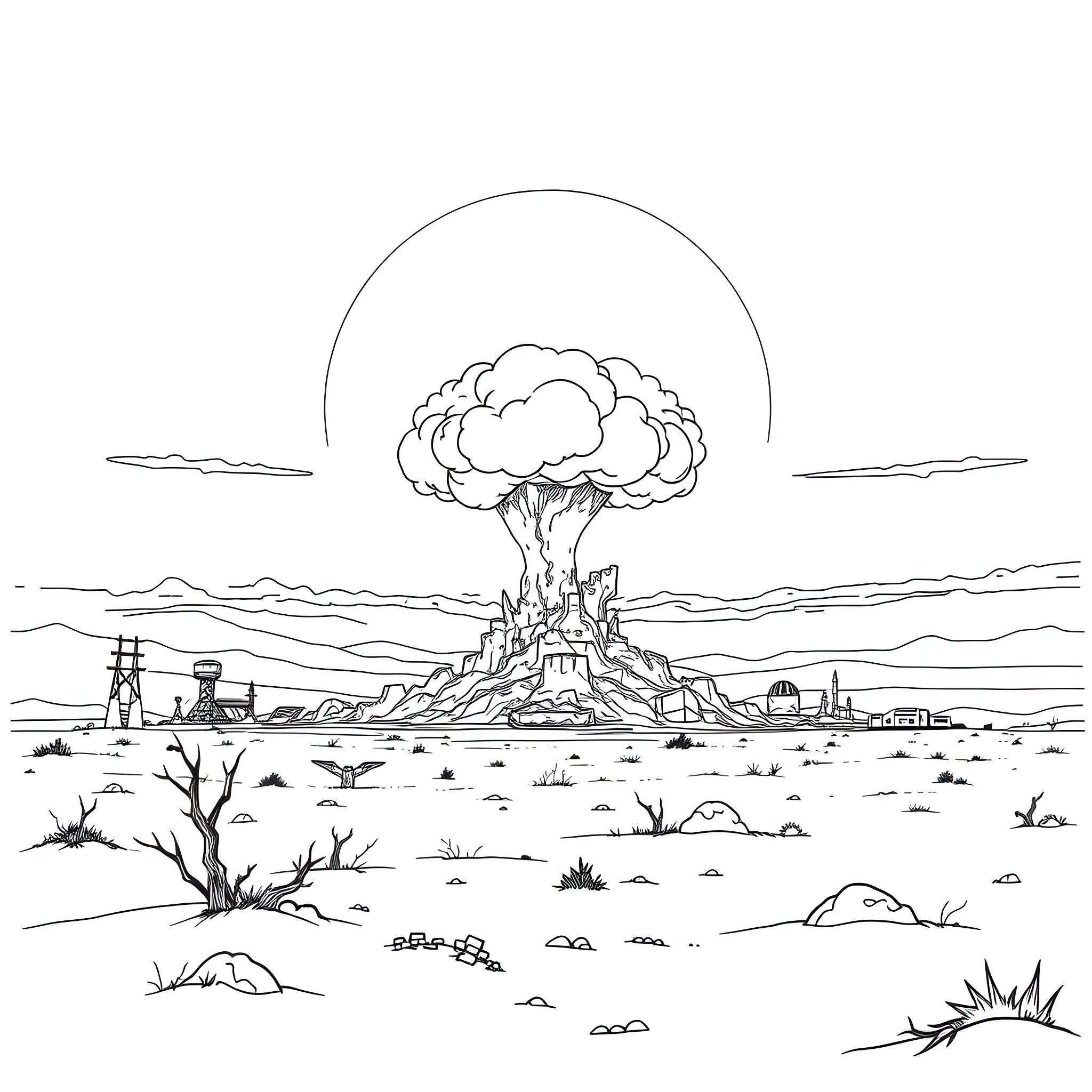 Nuke Explosion in Desolate Landscape Coloring Page (free black-and-white line drawing printable PDF for all, from beginners to advanced learners, including children, teens, adults, and seniors)