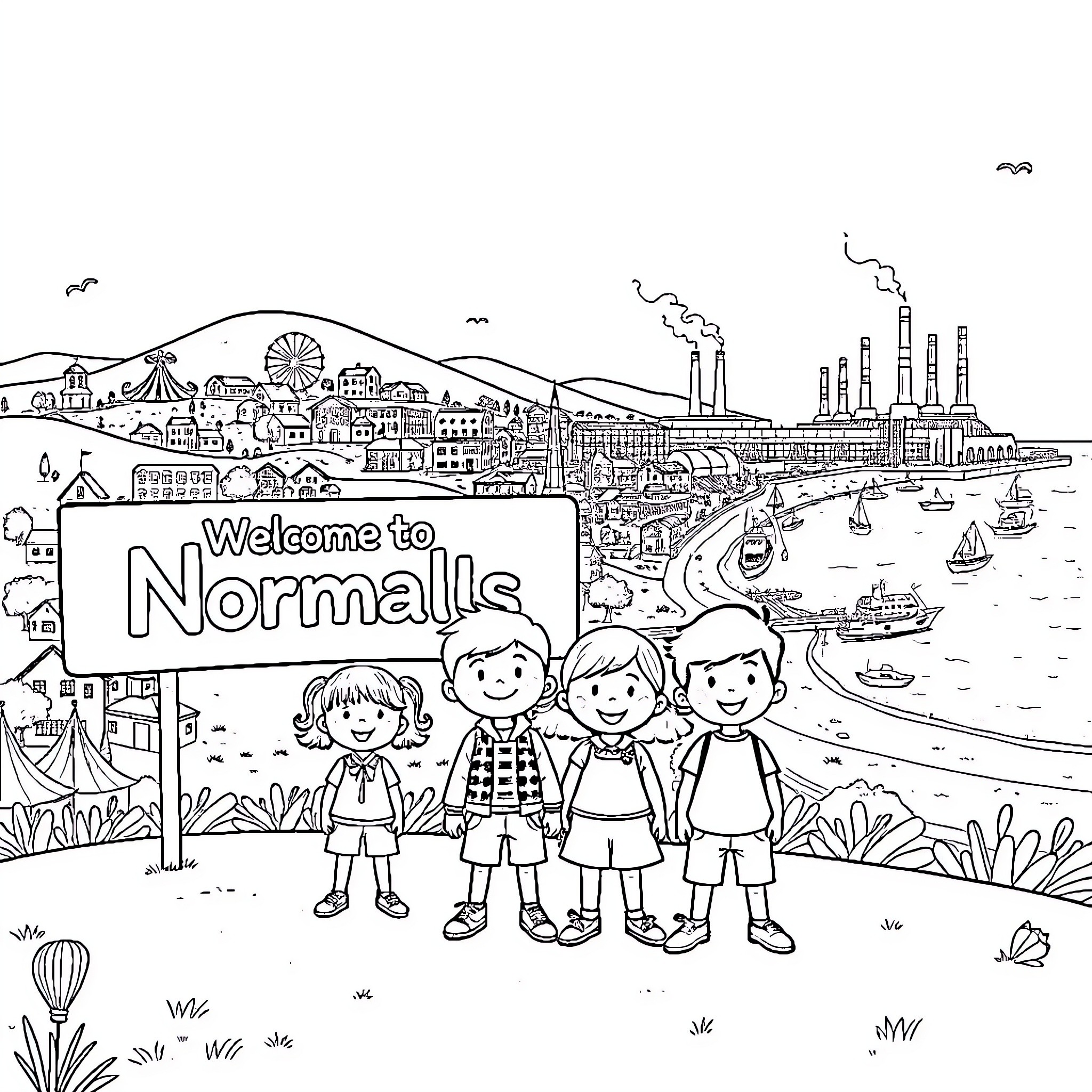 Kids Exploring the Vibrant City of Normalle Coloring Page (free black-and-white line drawing printable PDF for all, from beginners to advanced learners, including children, teens, adults, and seniors)