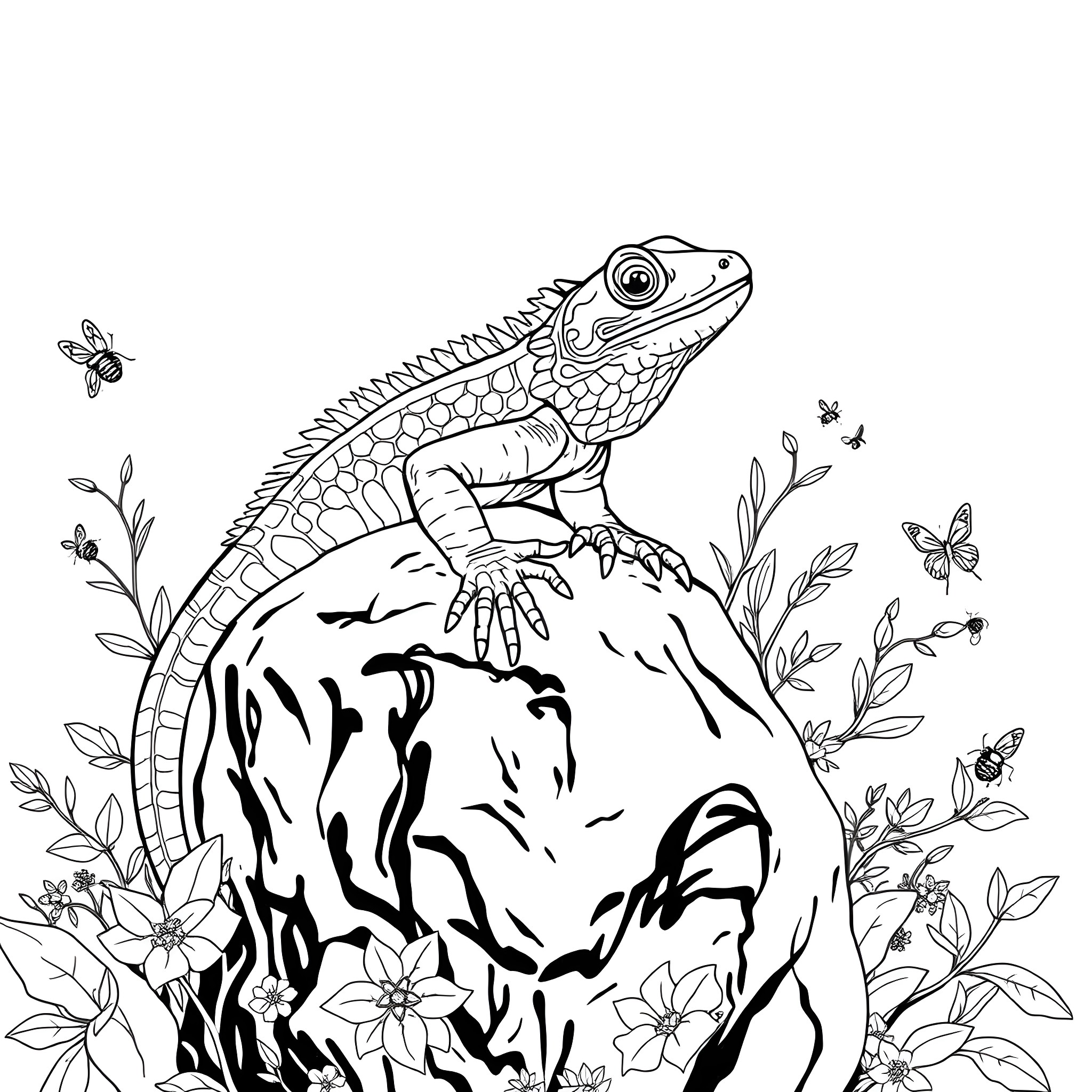 Lizard exploring the floral terrain Coloring Page (free black-and-white line drawing printable PDF for all, from beginners to advanced learners, including children, teens, adults, and seniors)