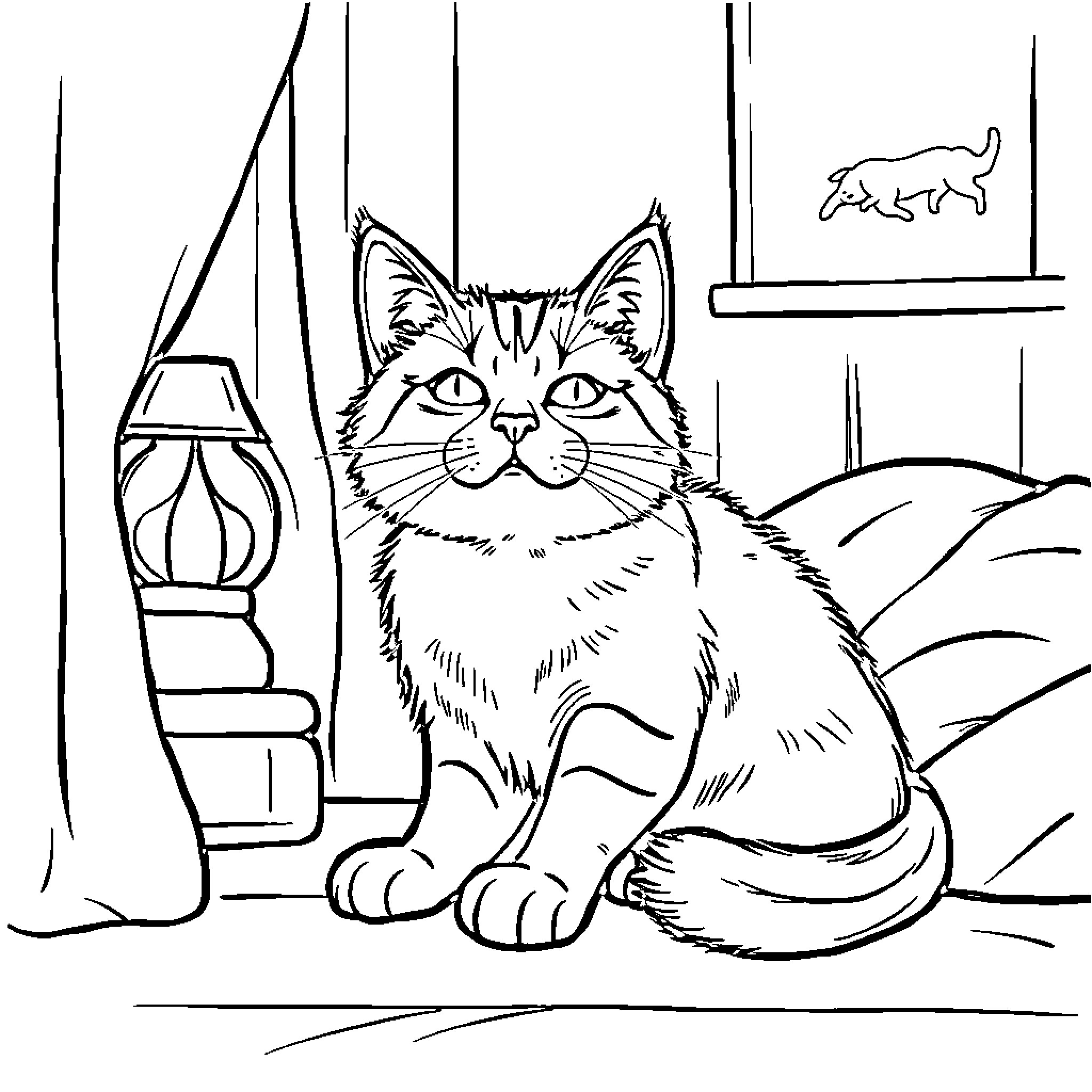 Cat sitting in a room Coloring Page (free black-and-white line drawing printable PDF for all, from beginners to advanced learners, including children, teens, adults, and seniors)