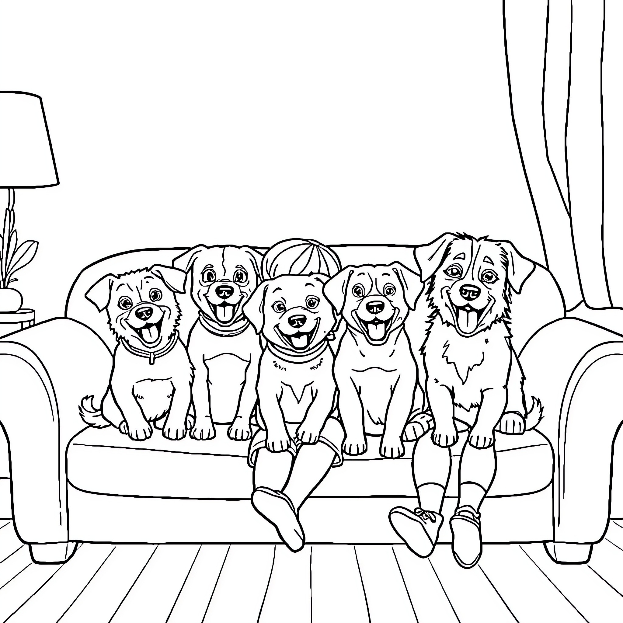 Dog friends sitting together happily on the couch Coloring Page (free black-and-white line drawing printable PDF for all, from beginners to advanced learners, including children, teens, adults, and seniors)
