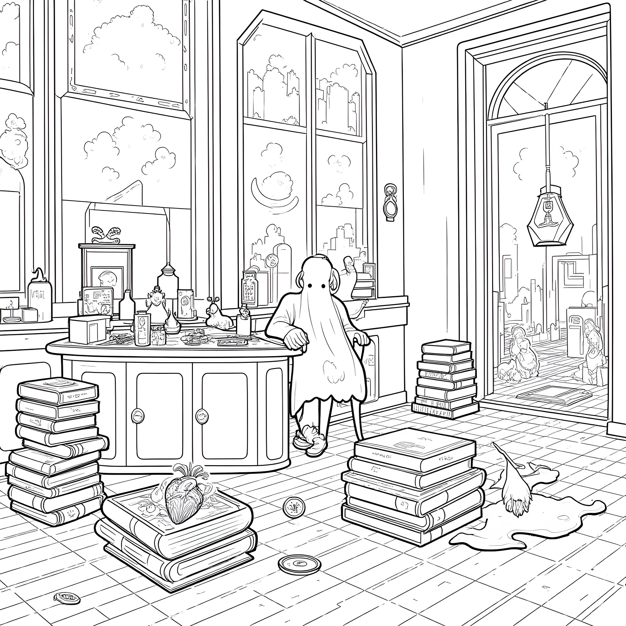 Poe's Enchanting Study with Whimsical Figures Coloring Page (free black-and-white line drawing printable PDF for all, from beginners to advanced learners, including children, teens, adults, and seniors)