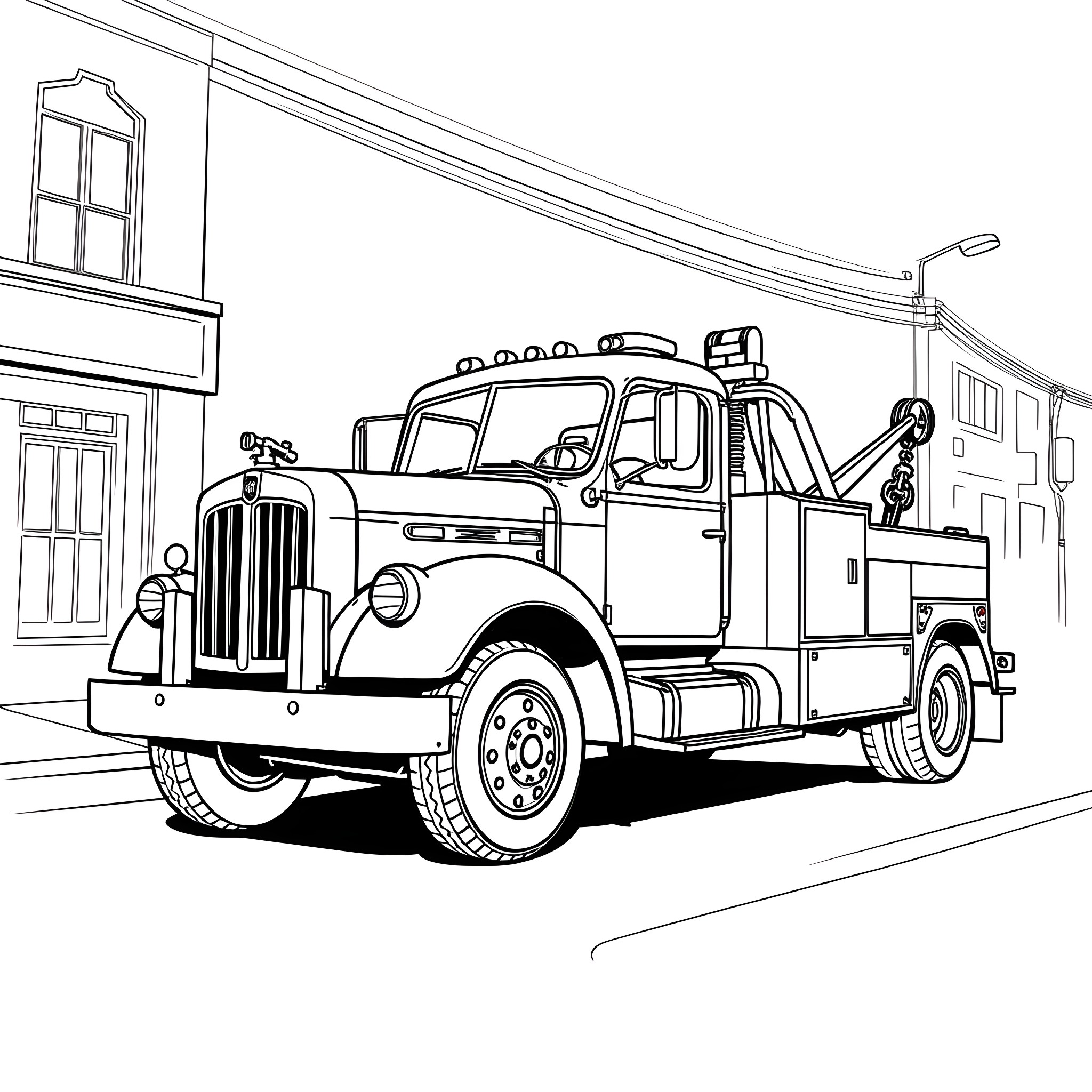 Tow Truck Assisting Vehicle on City Street Coloring Page (free black-and-white line drawing printable PDF for all, from beginners to advanced learners, including children, teens, adults, and seniors)