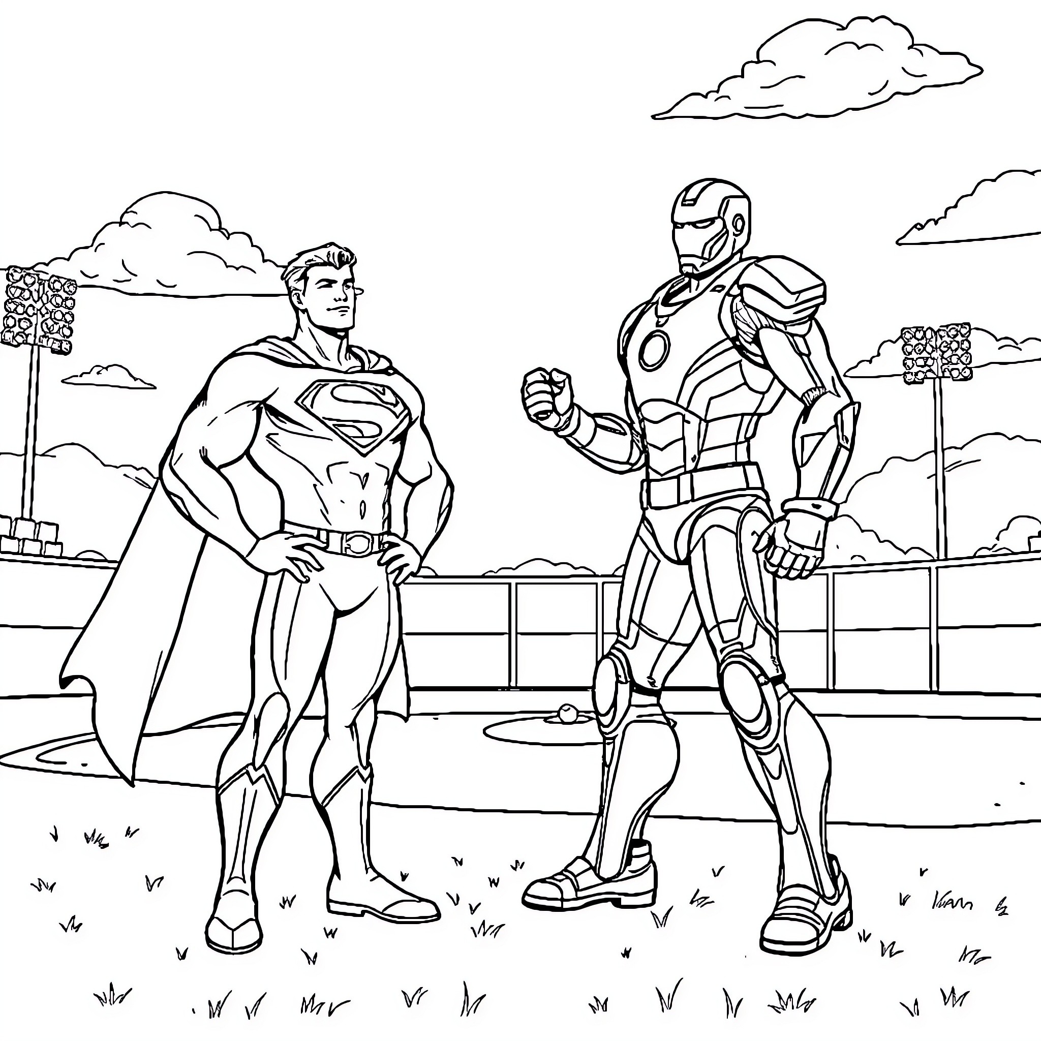Superman Meets Iron Man in a Heroic Encounter Coloring Page (free black-and-white line drawing printable PDF for all, from beginners to advanced learners, including children, teens, adults, and seniors)