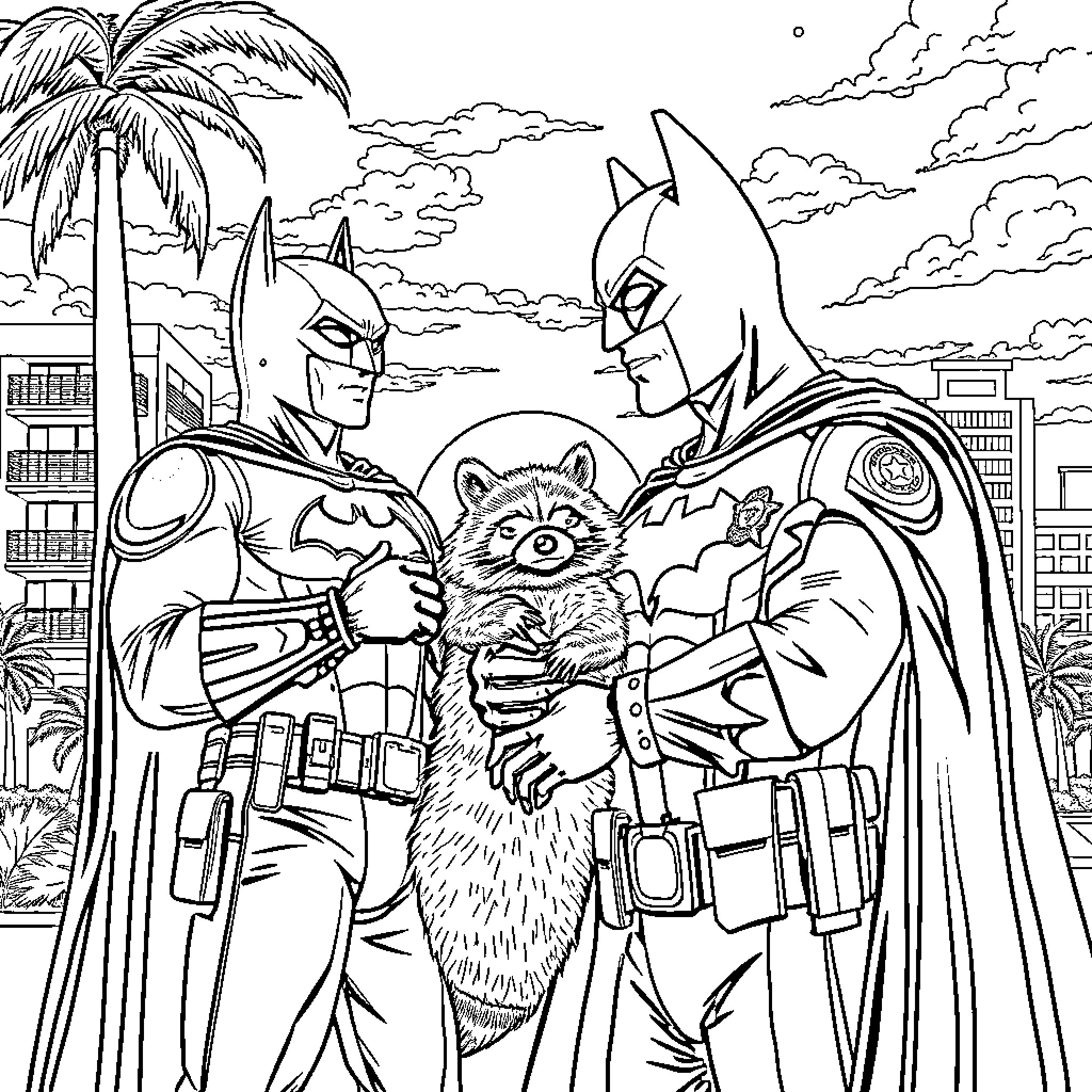 Bat heroes team up for a city adventure Coloring Page (free black-and-white line drawing printable PDF for all, from beginners to advanced learners, including children, teens, adults, and seniors)