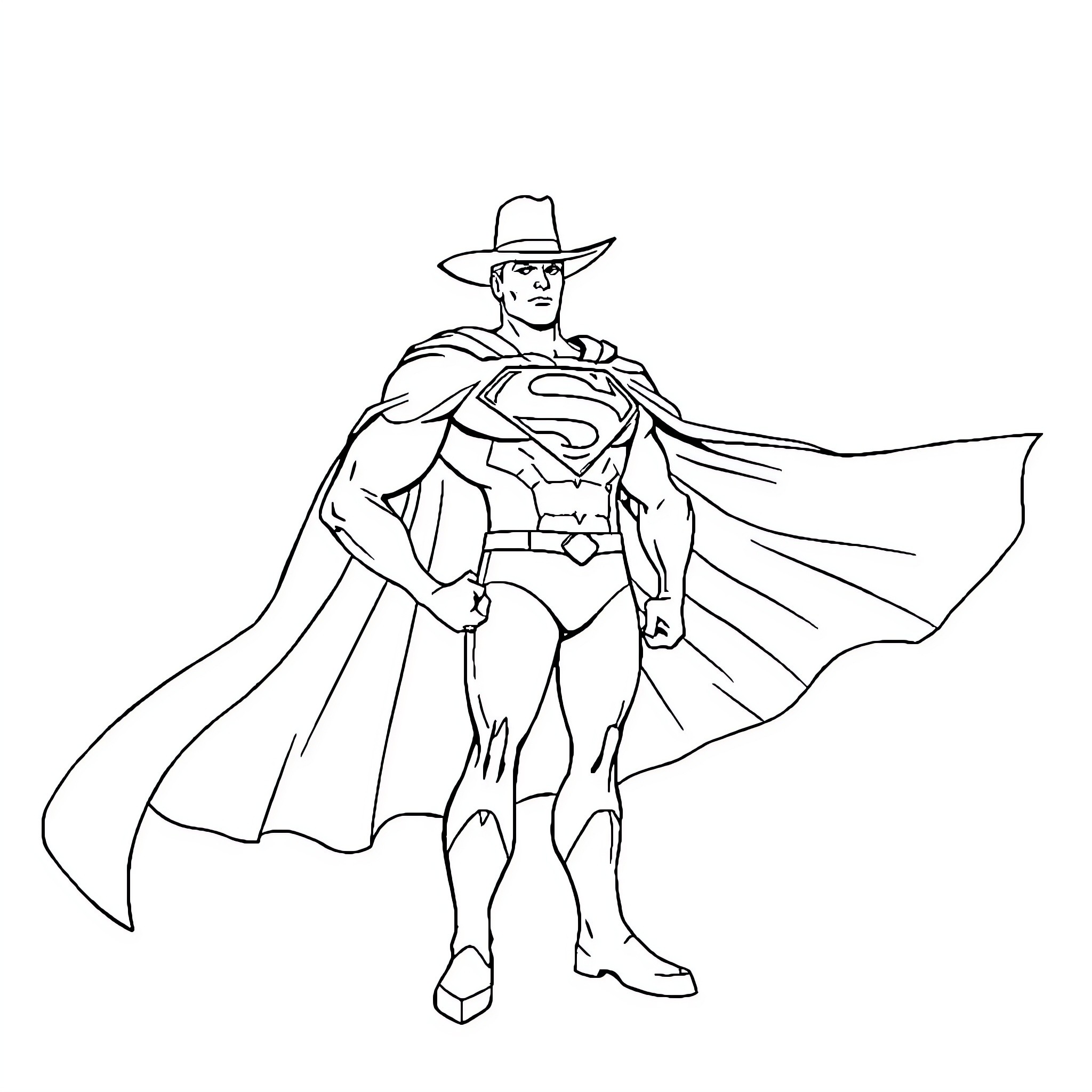 Superman posing heroically in cowboy outfit Coloring Page (free black-and-white line drawing printable PDF for all, from beginners to advanced learners, including children, teens, adults, and seniors)