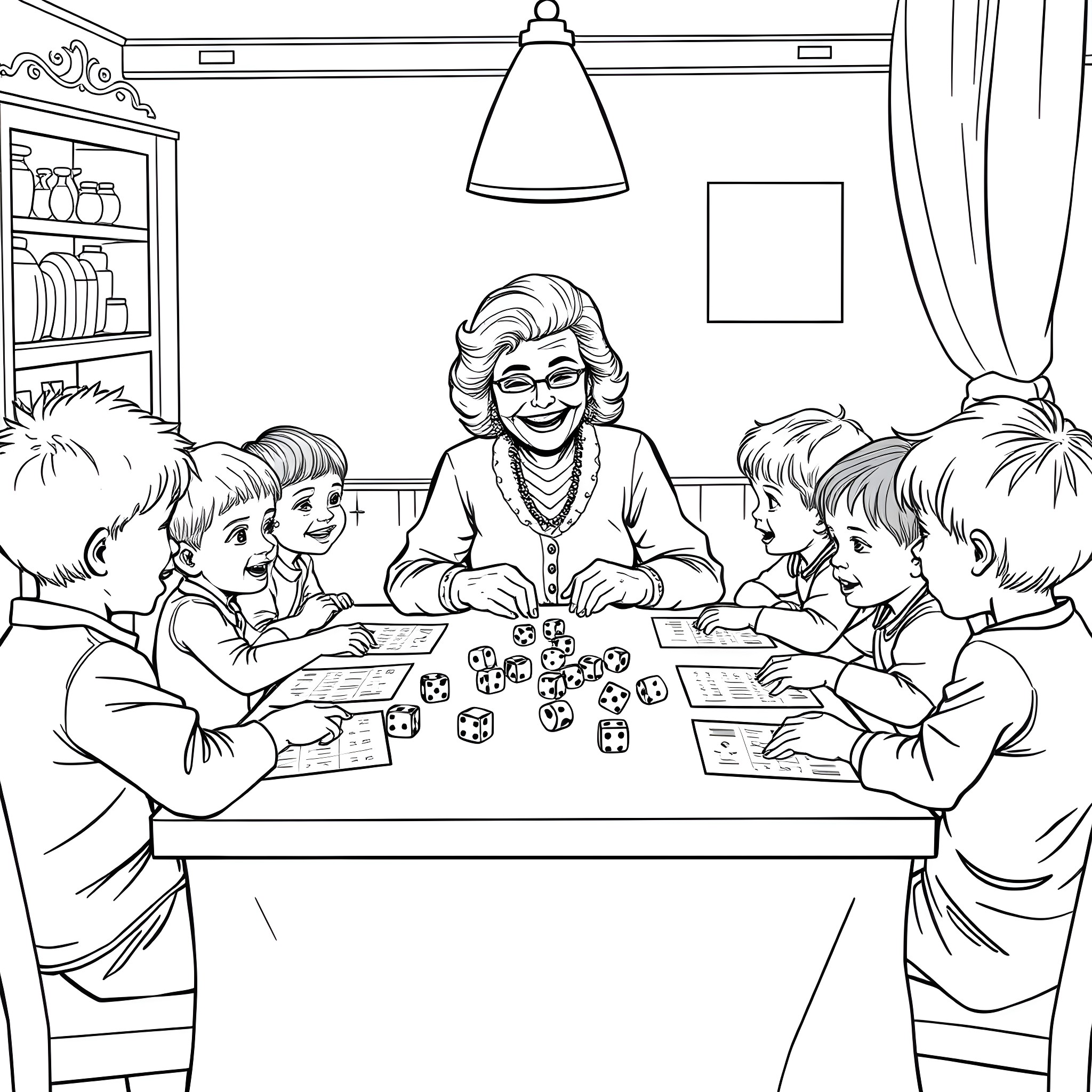 Grammy playing games with children at home Coloring Page (free black-and-white line drawing printable PDF for all, from beginners to advanced learners, including children, teens, adults, and seniors)